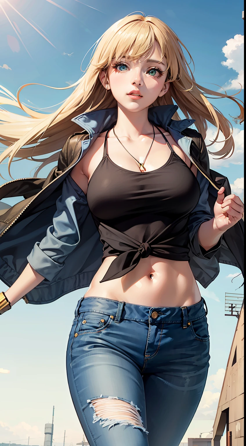 best quality, masterpiece,game cg, 8k, 1girl, solo,smooth skin,large breasts,blonde hair, green eyes,glowing eyes, floating hair,
open jacket,front-tie top, shirt, torn jeans, falling, wind,falling from sky,
blue sky, above clouds,