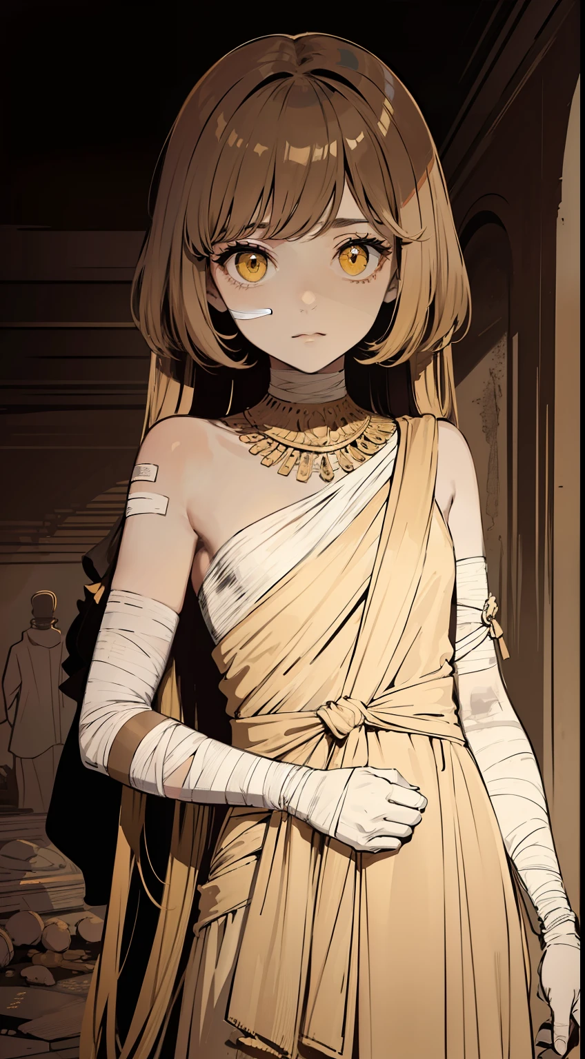 (flat color:1.4),1girl, solo focus, mummy, mummy custom, her hair in wrapped and concealed under bandages, only a few loose strands or wisps peeking out, pale hair, ashen hair color, air of mystery, glowing eyes, ethereal eyes, yellow eyes, eerie yellow, almond eyes, elongated eyes, thin eyebrows, wispy eyebrows, covered lips under bandages, adorned in tattered, beige-colored bandages that wrap around her body,Portray the mummy girl in a graceful and slightly haunting pose, ancient tomb, crumbling walls, hieroglyphs, muted tones, earthy tones, shades of brown, beige, and faded gold, soft lighting, diffused lighting, gentle shadows on the bandages, glowing symbols emanating from the mummy girl's body,