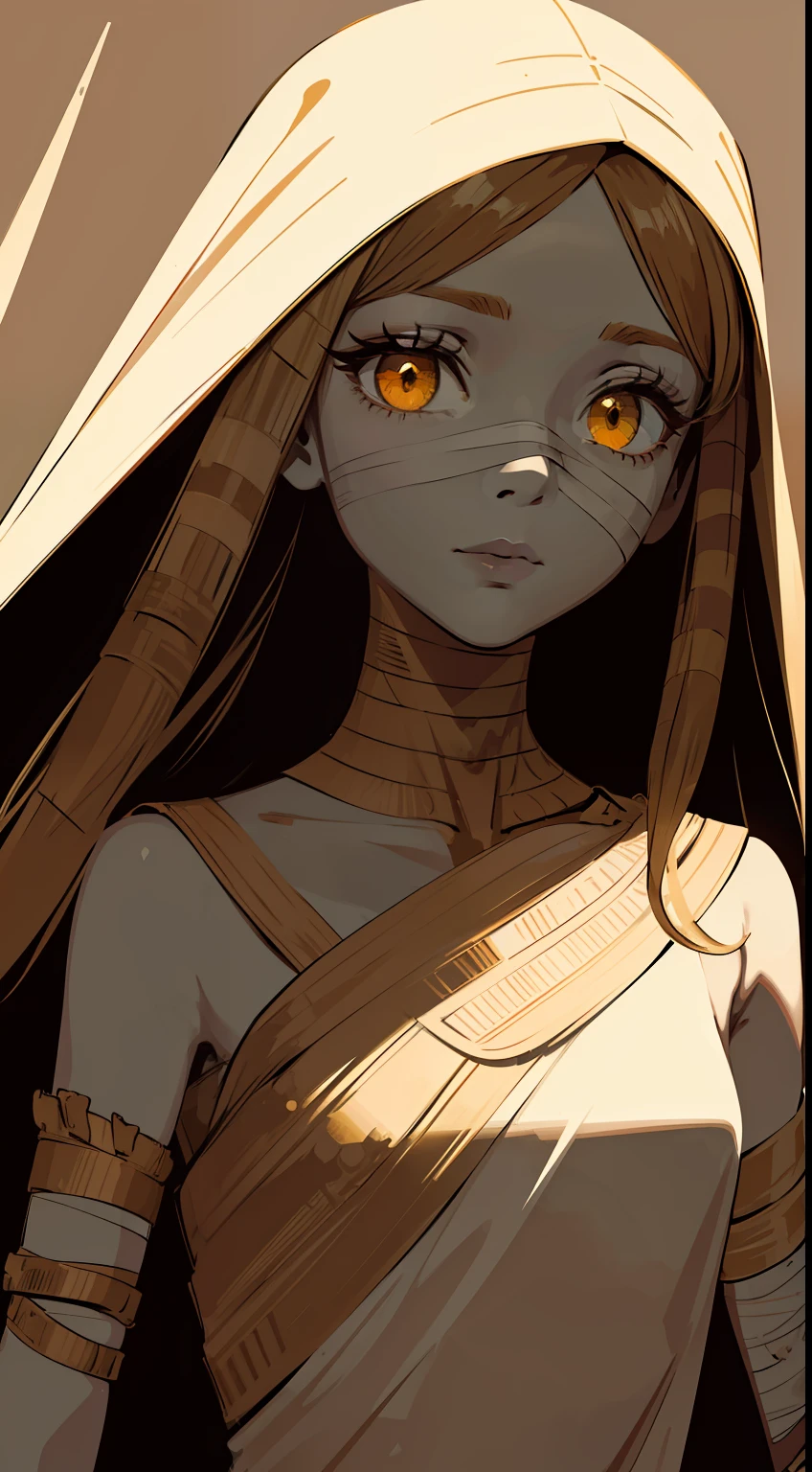 (flat color:1.4),1girl, solo focus, mummy, mummy custom, her hair in wrapped and concealed under bandages, only a few loose strands or wisps peeking out, pale hair, ashen hair color, air of mystery, glowing eyes, ethereal eyes, yellow eyes, eerie yellow, almond eyes, elongated eyes, thin eyebrows, wispy eyebrows, covered lips under bandages, adorned in tattered, beige-colored bandages that wrap around her body,Portray the mummy girl in a graceful and slightly haunting pose, ancient tomb, crumbling walls, hieroglyphs, muted tones, earthy tones, shades of brown, beige, and faded gold, soft lighting, diffused lighting, gentle shadows on the bandages, glowing symbols emanating from the mummy girl's body,