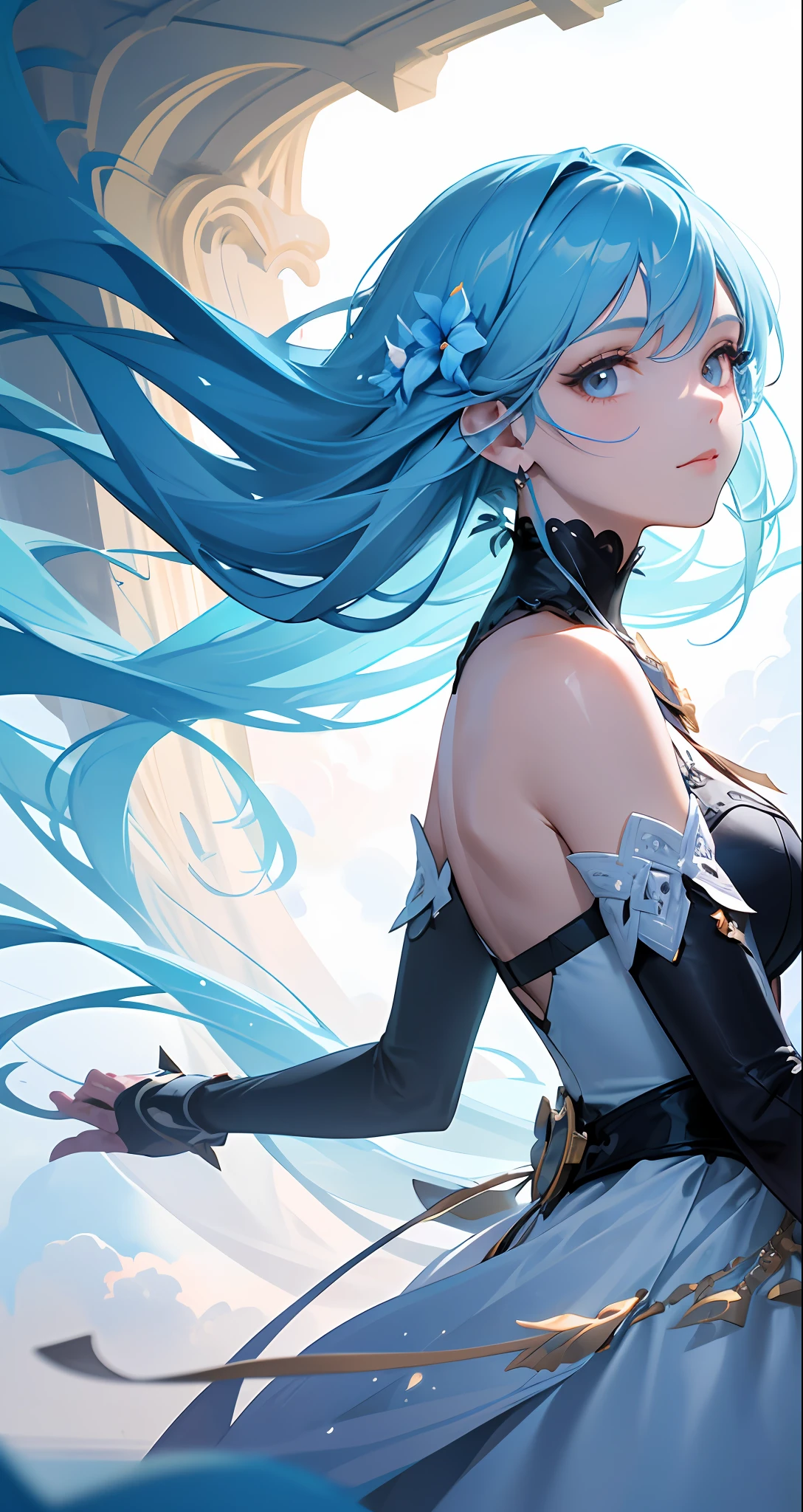 (8k, RAW photos, top quality, highly detailed CG Unity 8k wallpaper, masterpiece: 1.2), girl, light blue beautiful hair, floating in the sky, cloud girl, clouds, (close-up: 1.1), bright, happy, fun, soft lighting, (Bauhaus, shape, line, abstract: 1.1) cornflower, small and beautiful girl with detailed eyes, light blue beautiful hair, light blue monochromatic dress, upper body, The depth of field in the photo was perfect, and the lens flare added a nice touch. The fine features of his face really stood out, and the score in this photo was definitely over 10. In the background, there were clouds, a stunning picture that really captured the beauty and clouds of the girl. , accurate depiction of the iris, looks at the viewer lovingly like a gentle and goddess,