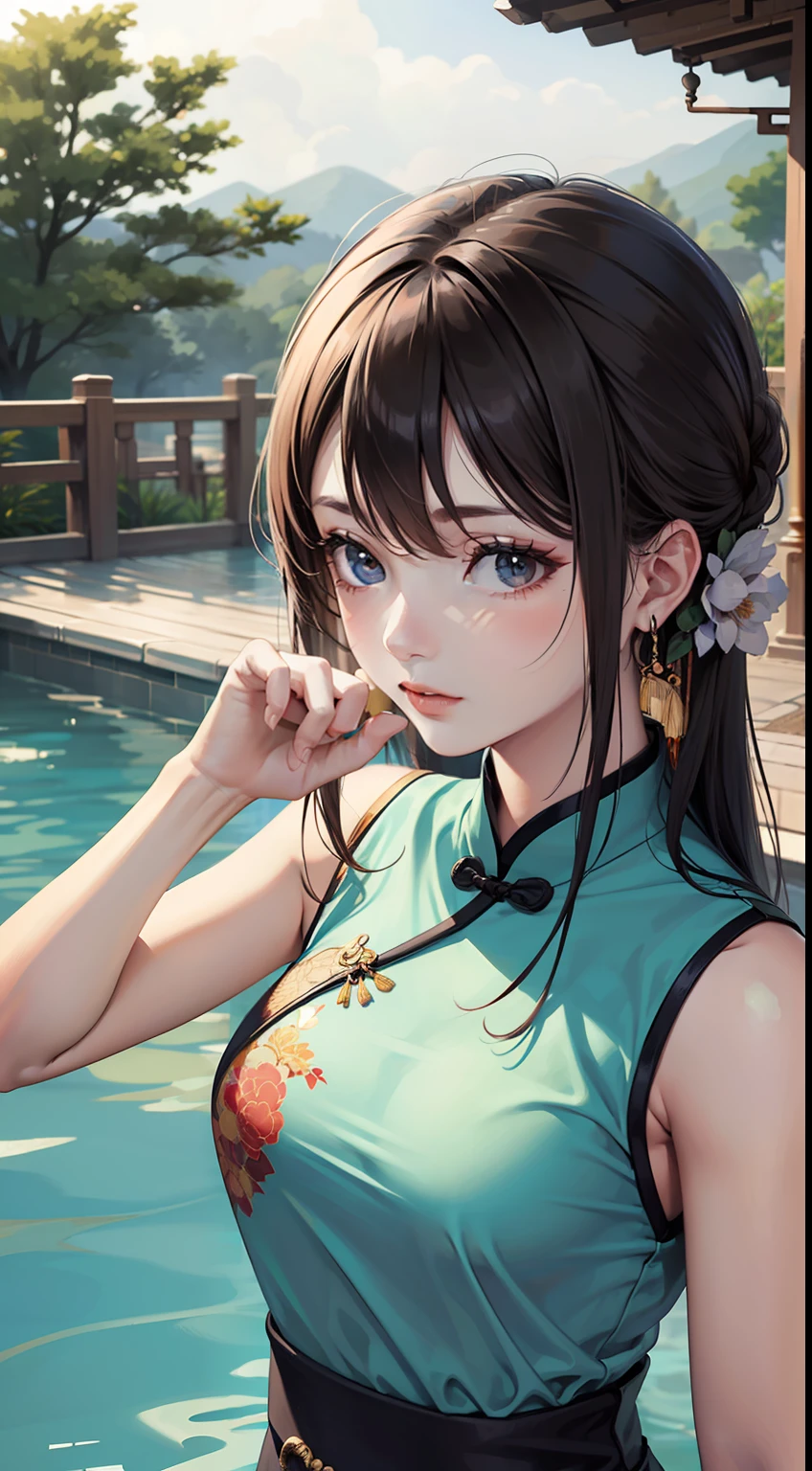 masterpiece,high quallity,highly detailed,1 girl,ancient chinese clothing,stand,by the pool,by the hot spring,mist,a dim light,close up,dudou,