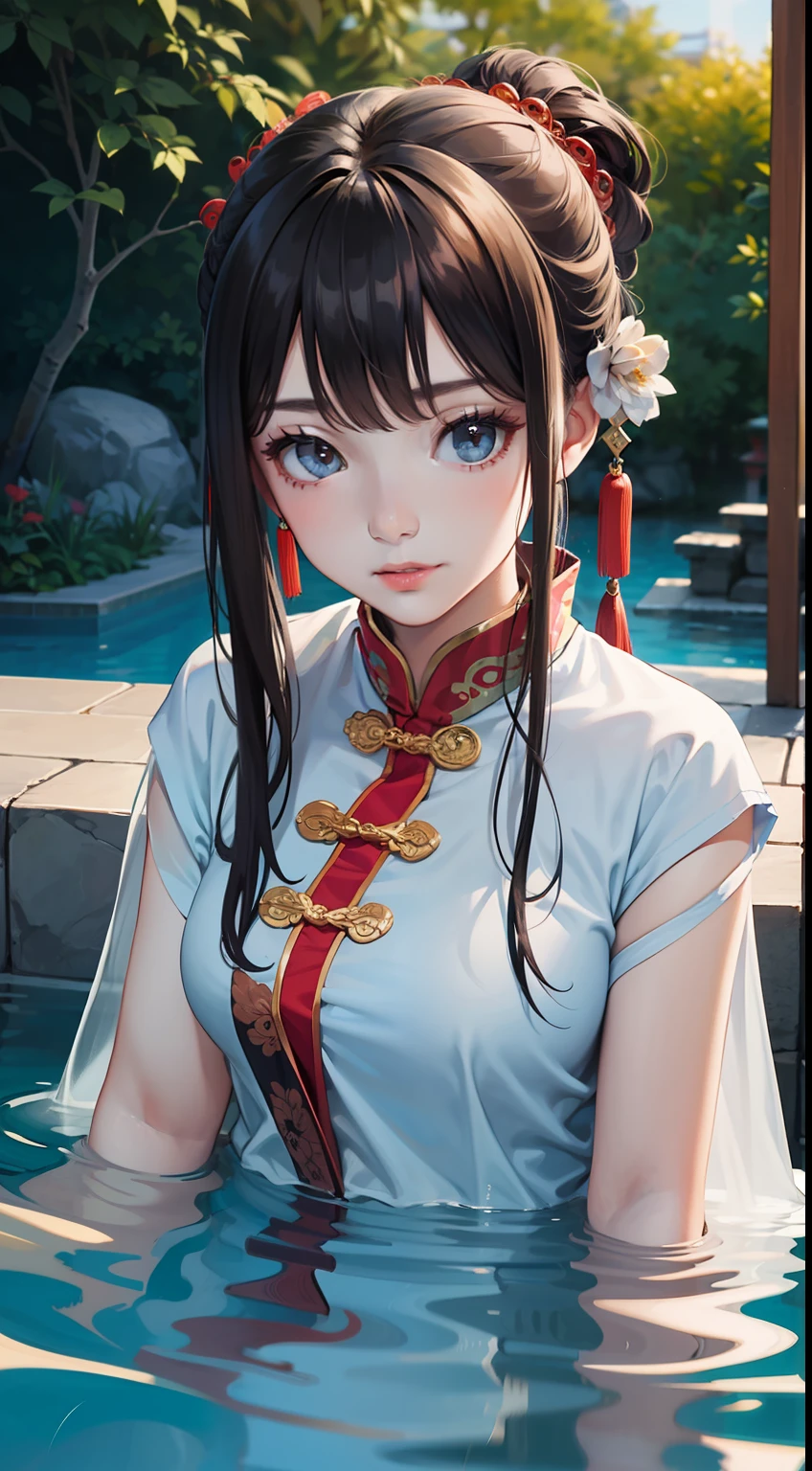 masterpiece,high quallity,highly detailed,1 girl,ancient chinese clothing,stand,by the pool,by the hot spring,mist,a dim light,close up,dudou,