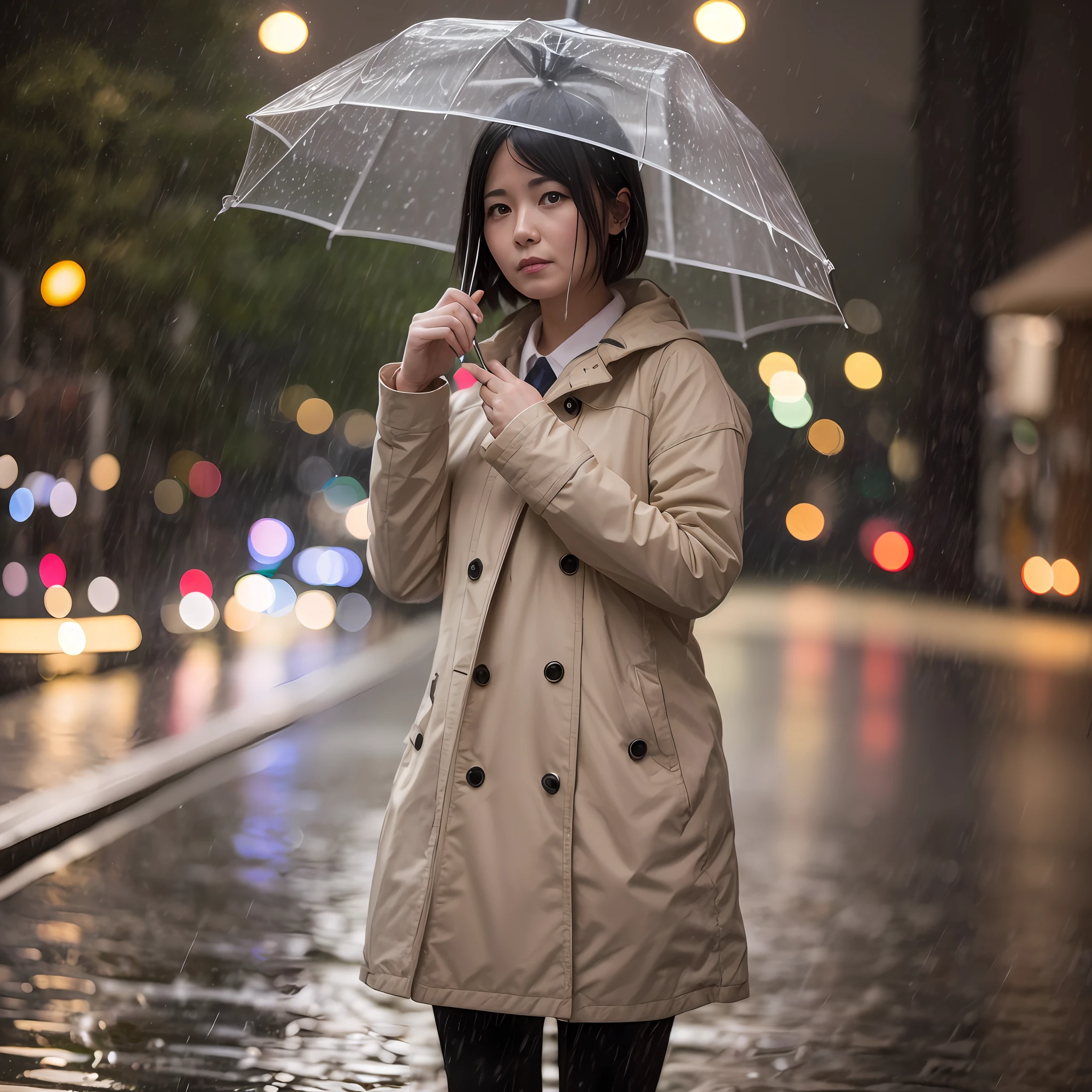 a realistic photo of a lady of 30 years standing in rain, night photography, canon mark 3, 50 mm lens, shutter speed 100,  ultra detail, 8k --auto --s2