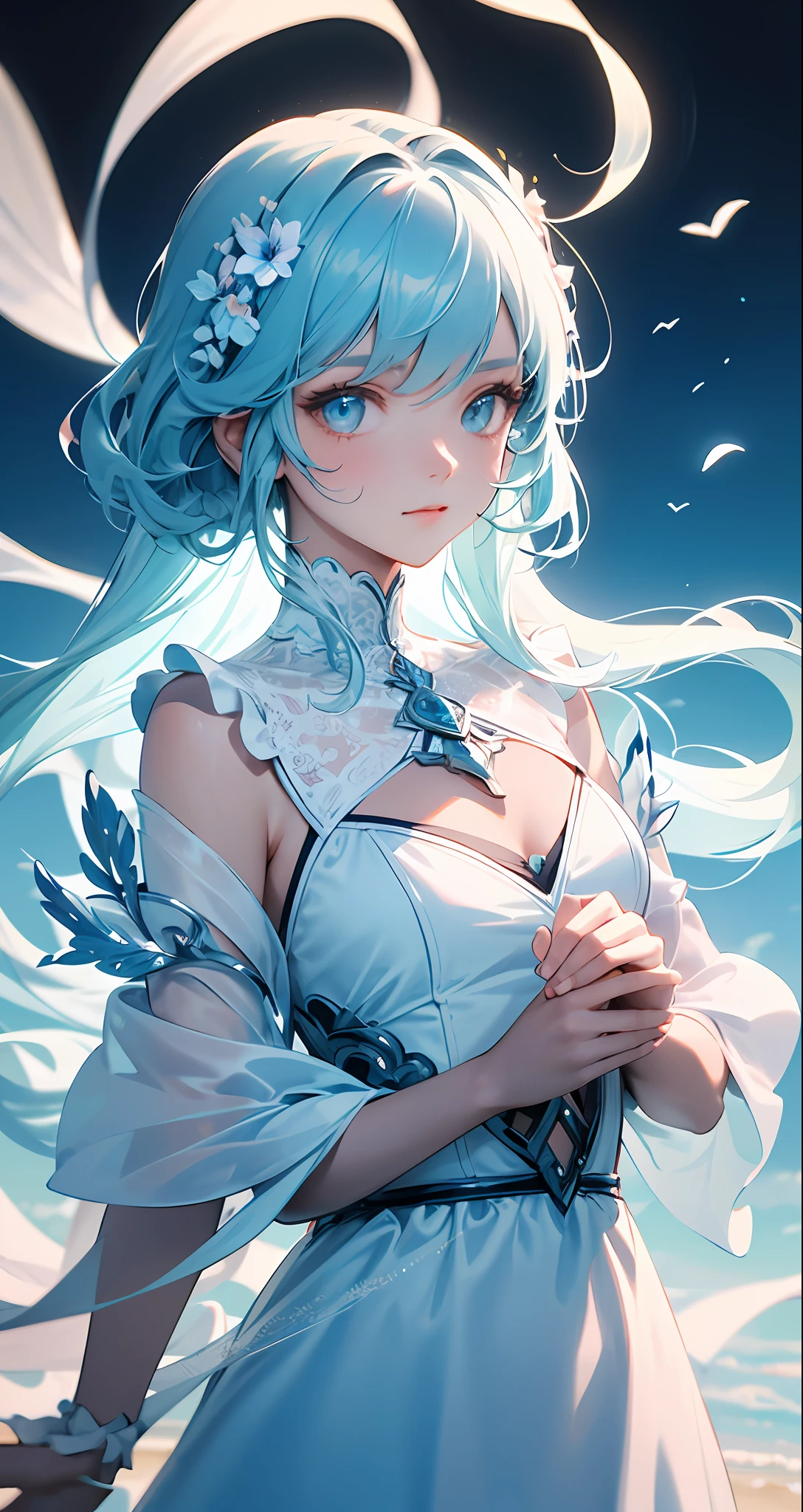 (8k, RAW photos, top quality, highly detailed CG Unity 8k wallpaper, masterpiece: 1.2), girl, light blue beautiful hair, floating in the sky, cloud girl, clouds, (close-up: 1.1), bright, happy, fun, soft lighting, (Bauhaus, shape, line, abstract: 1.1) cornflower, small and beautiful girl with detailed eyes, light blue beautiful hair, light blue monochromatic dress, upper body, The depth of field in the photo was perfect, and the lens flare added a nice touch. The fine features of his face really stood out, and the score in this photo was definitely over 10. In the background, there were clouds, a stunning picture that really captured the beauty and clouds of the girl. , accurate depiction of the iris, looks at the viewer lovingly like a gentle and goddess,