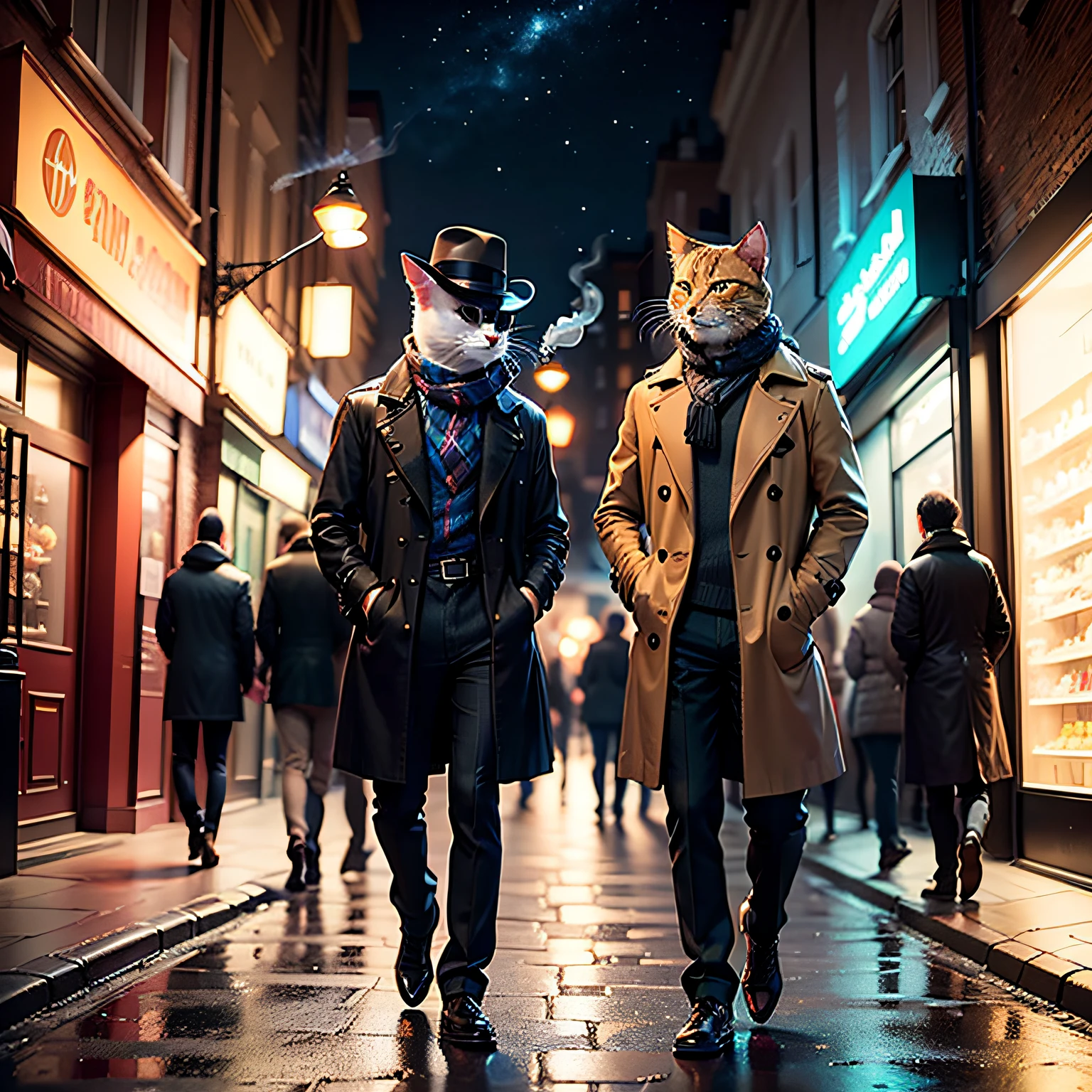 3D, CG, Photography, Rendering Engine, HD, Color, Vivid, A Cat in a Hat, Smoking a Pipe, A Cat, Wearing a British Plaid Trench Coat, Full Body, Sherlock Holmes, Walking on the Road, Smoking Cat, Cigar-Smoking Cat, Anthropomorphic Cat, Cat in a Trench Coat, London at Night, Neon Lights, Street, Don't Two Cats in the background --auto
