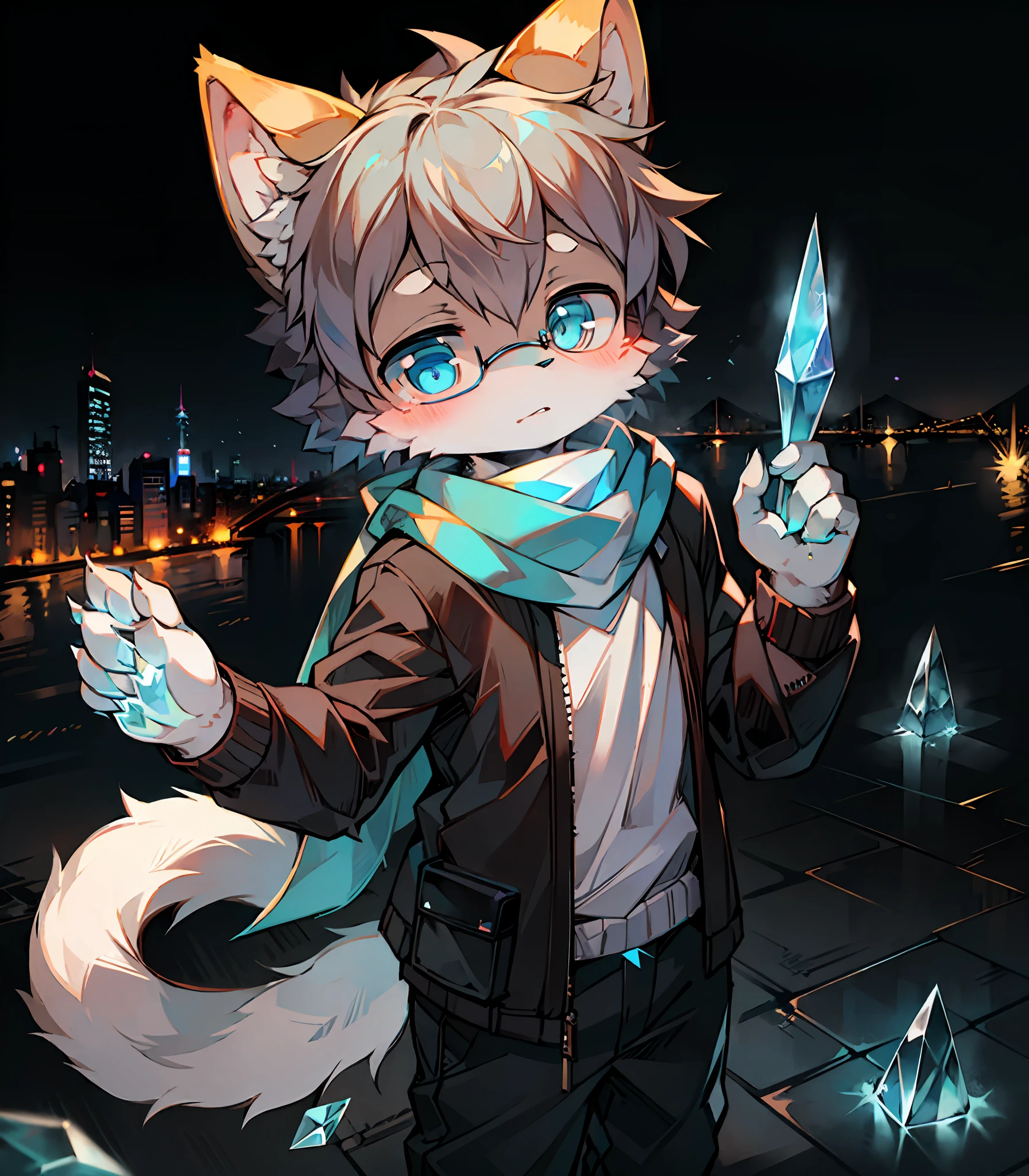 Highest quality, delicate painting style, delicate hook line, masterpiece, delicate skin, delicate hair, complete painting, masterpiece, delicate hands, delicate eyes, normal eyes, gray cat ears, furry, black frame round glasses, blue eyes, handsome, ((white scarf)), cat style, Shota, cyberpunk, blue pupils, city night view, gray crystal wings, mottled light and shadow, boy, bright eyes of God. , crystal shards in the air, cities, gray fur