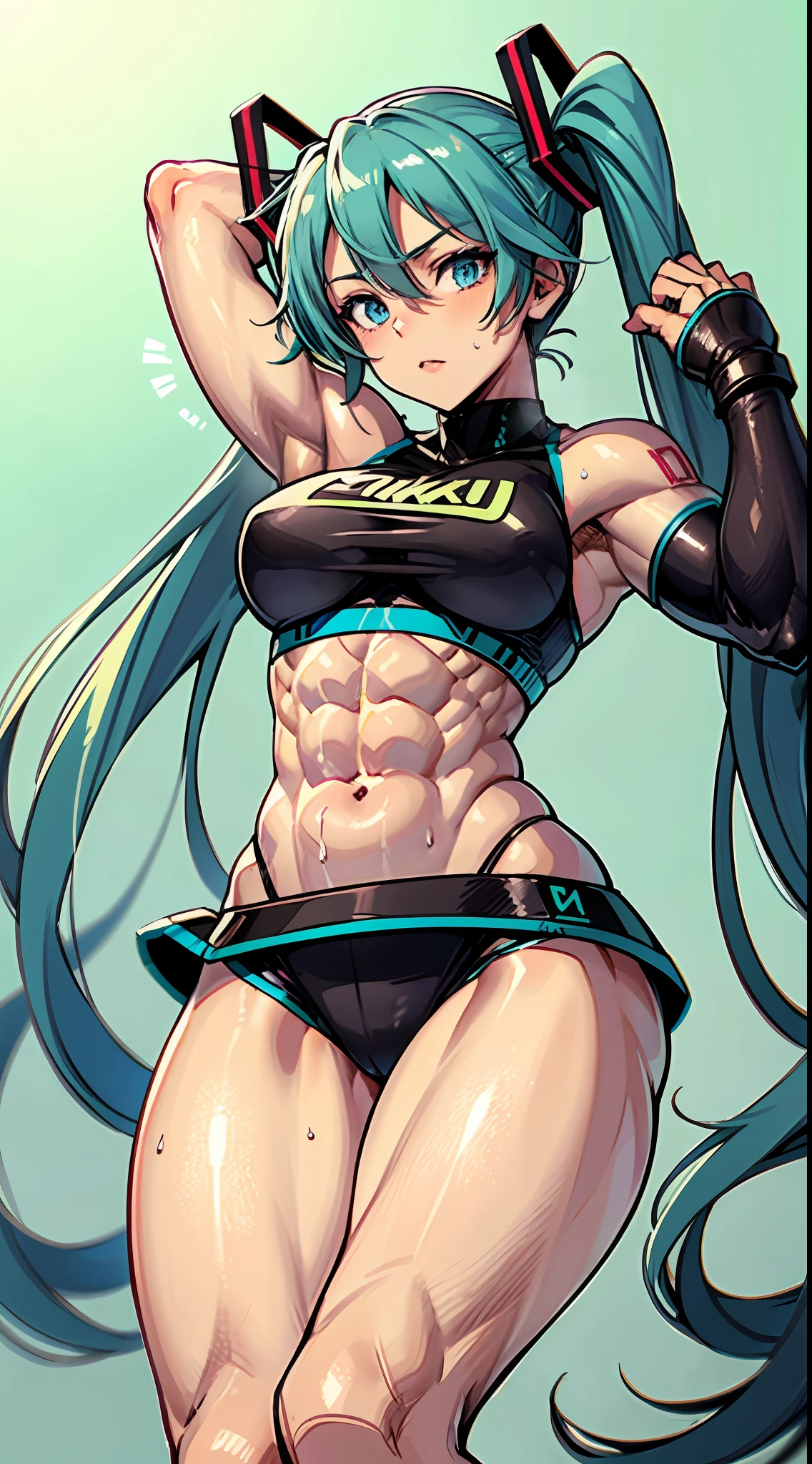 Light blue eyes with green twin tails, brown skin, muscular, Hatsune Miku, top quality, bodybuilding, flowing sweat