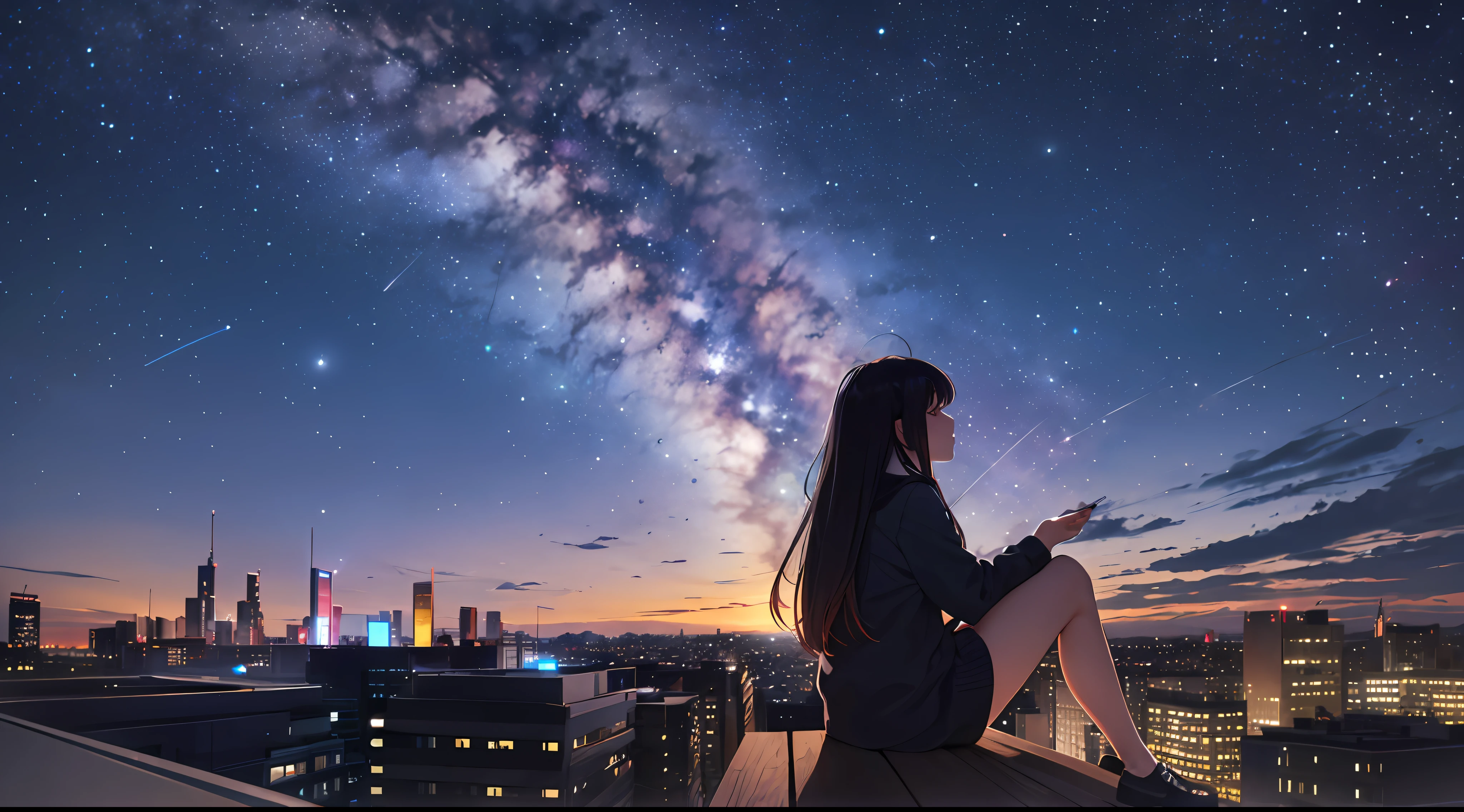 octans, sky, star (sky), scenery, starry sky, night, 1girl, night sky, solo, outdoors, building, cloud, milky way, sitting, tree, long hair, city, silhouette, cityscape --auto --s2