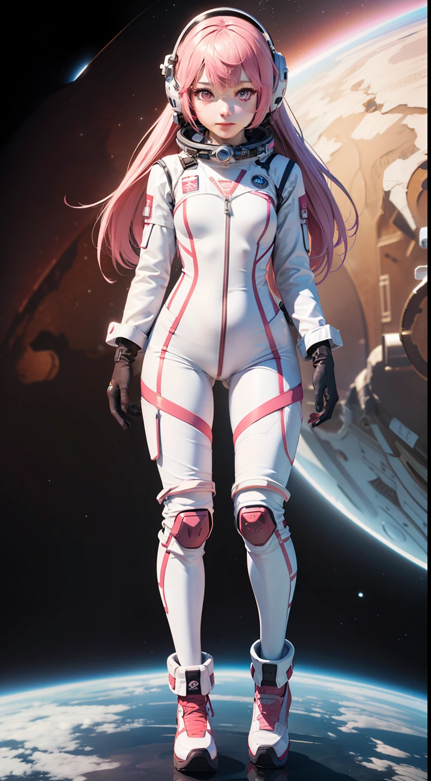 (Masterpiece:1.3),(the best quality:1.3),3D,8K,.1girl, solo, pink hair, pink eyes, helmet, full body, spacesuit, bodysuit, gloves, standing, Space background,