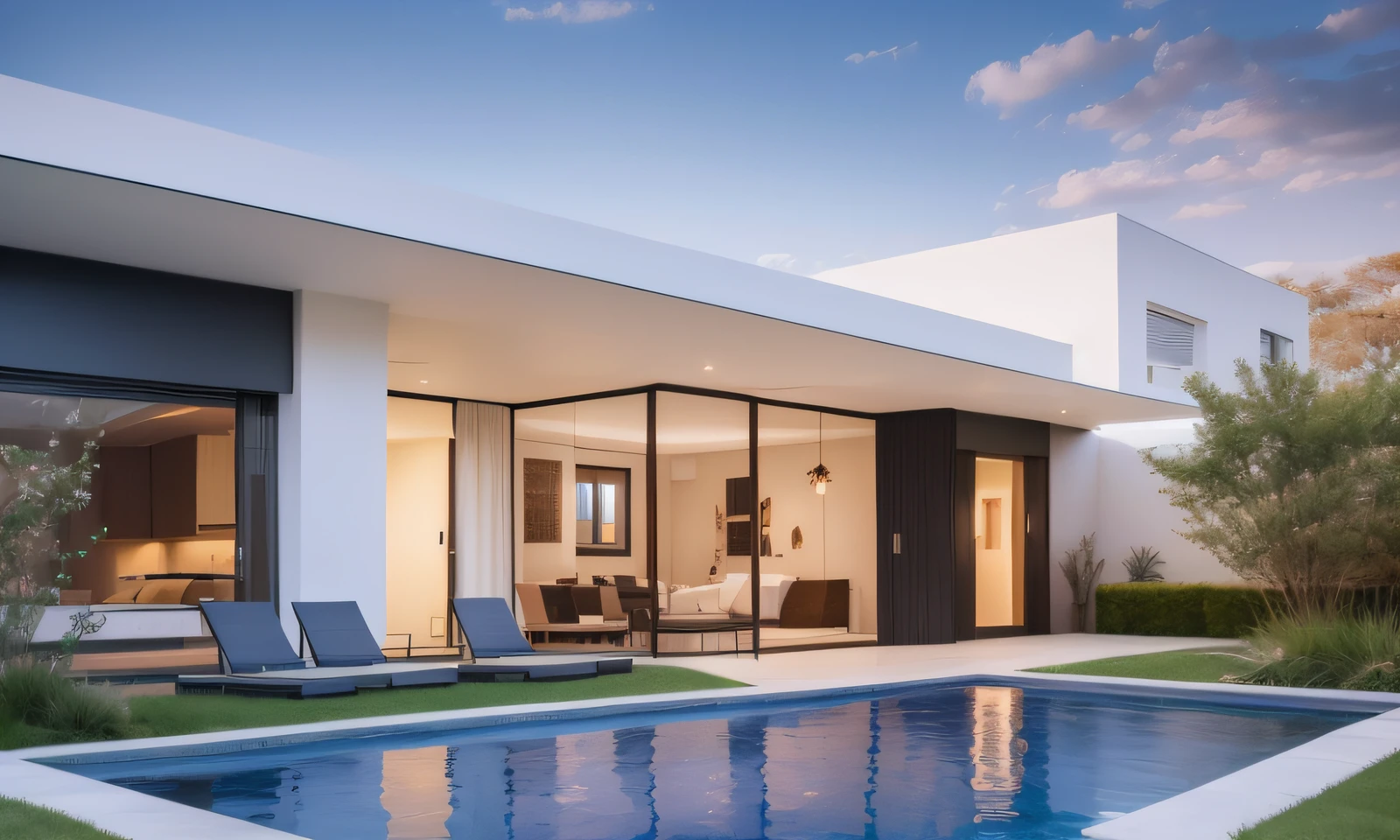 "Modern luxury homes, seen in 45-degree perspective. The sky is blue, with white clouds floating gently. The house has a unique and contemporary architecture, with an imposing and elegant façade. The windows are large, allowing plenty of natural light in, gently illuminating every room. The surrounding garden is well tended, with colorful flowers in full bloom. Inside the house, there is a minimalist and sophisticated décor, with modern and high-quality furniture. The atmosphere is spacious and welcoming, providing comfort and well-being. The atmosphere is quiet and relaxing, perfect for moments of rest and contemplation, high definition, 8 k, devote bright colors"
