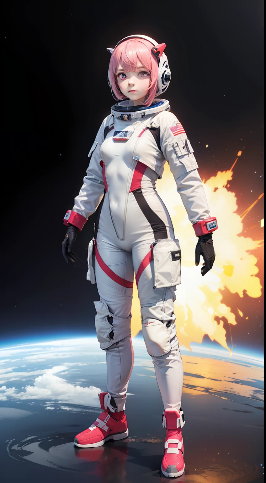 (Masterpiece:1.3),(the best quality:1.3),3D,8K,.1girl, solo, pink hair, pink eyes, helmet, full body, spacesuit, bodysuit, gloves, standing, Space background,