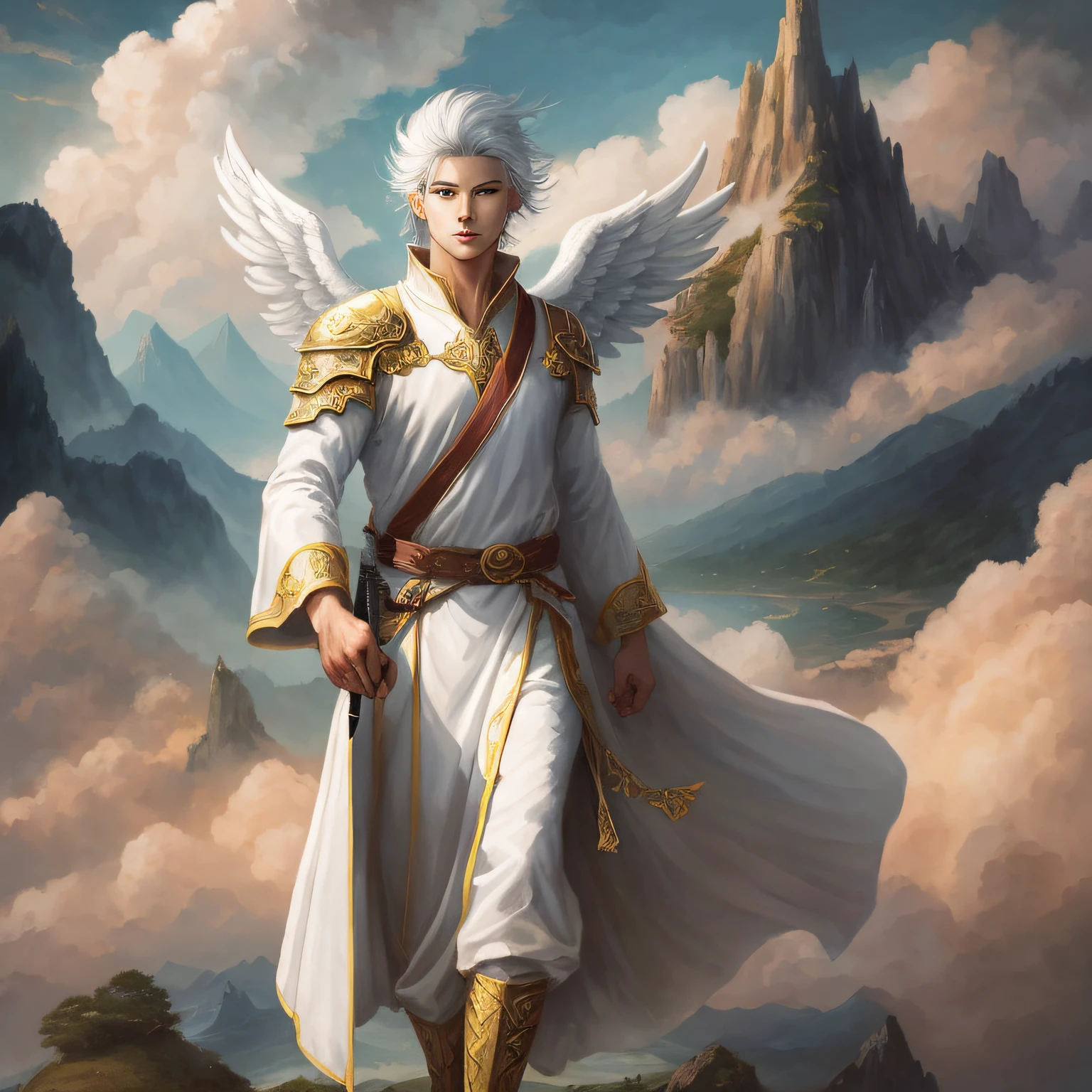 painting of a man with a sword and wings in a mountain landscape, full - body majestic angel, by Yang J, young wan angel, full portrait of magical knight, inspired in kris from deltarrune, archangel, epic fantasy digital art style, by Fan Qi, white haired deity, full portrait of elementalist, angel spirit guide, high quality fantasy art