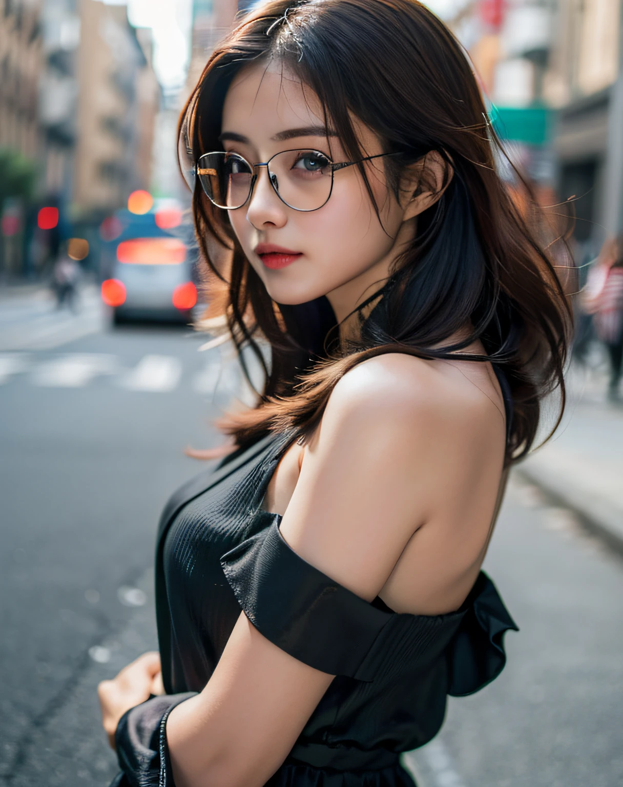 Woman posing seductive on street corner, top quality, high resolution, 8k, single girl, outdoor, (street: 0.8), (people, crowd: 1), sleeveless dress, black dress: 1.5), gorgeous, (medium hair), (dynamic pose: 0.8), (upper body: 1.2), soft lighting, wind, glossy skin, gaze, glasses