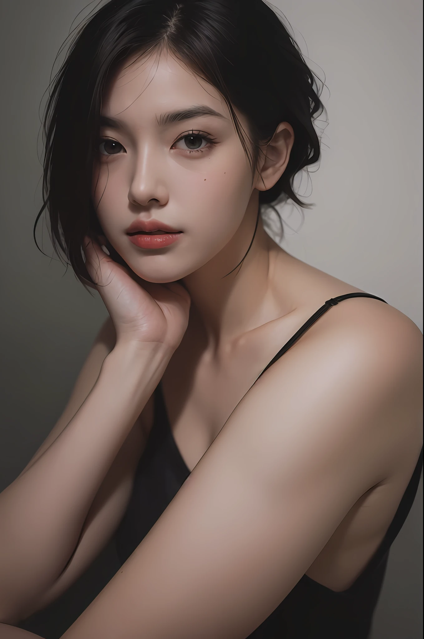 Best quality, masterpiece, ultra high res, (photorealistic:1.5), raw photo, 1girl, offshoulder, in the dark, deep shadow, low key, cold light, sexy look, short hair