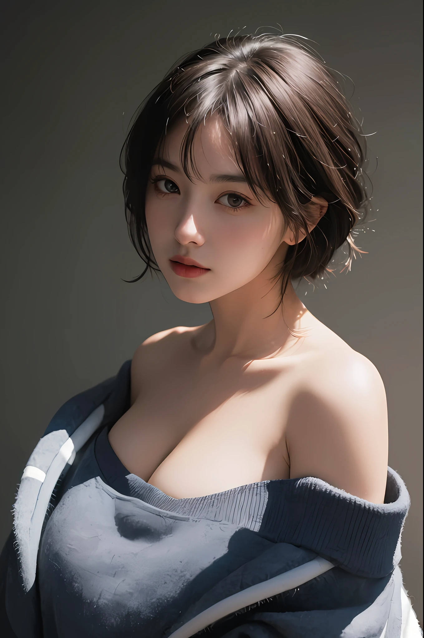 Best quality, masterpiece, ultra high res, (photorealistic:1.5), raw photo, 1girl, offshoulder, in the dark, deep shadow, low key, cold light, sexy look, short hair