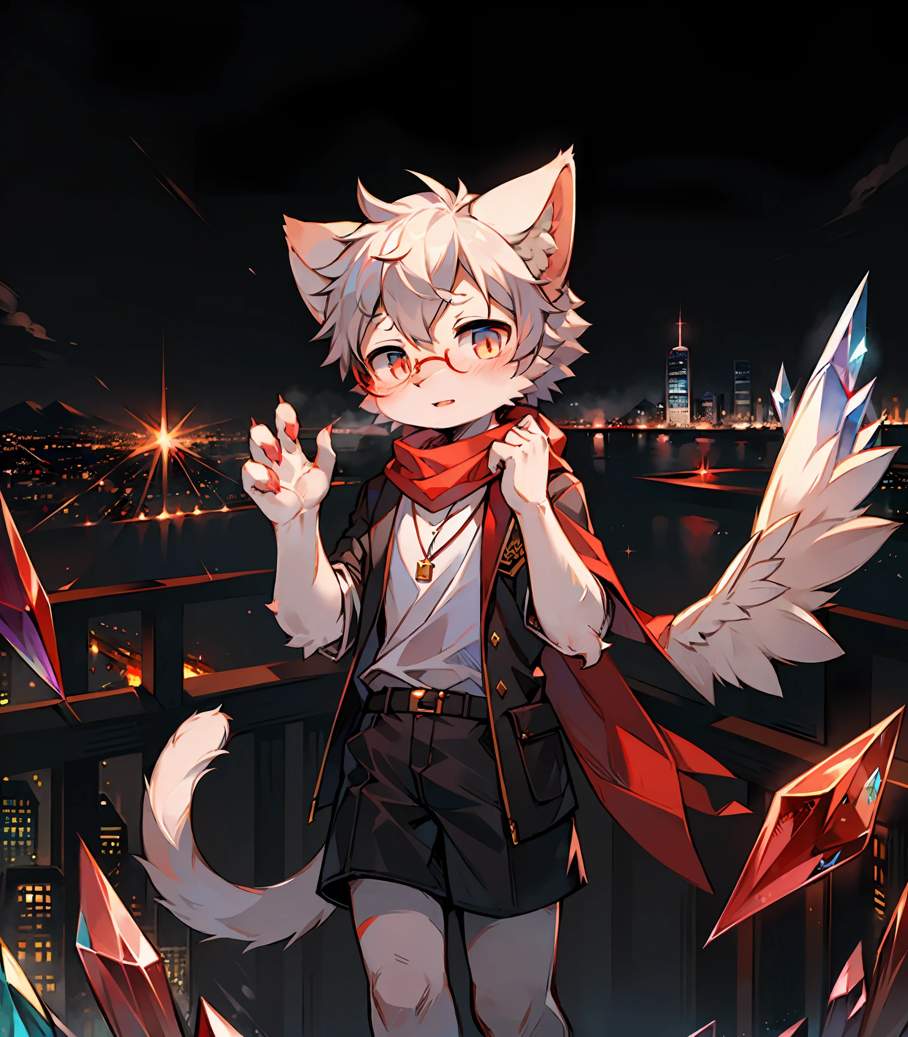 Highest quality, delicate painting style, delicate hook lines, masterpiece, delicate skin, delicate hair, complete painting, masterpiece, delicate hands, delicate eyes, normal eyes, white cat ears, furry, black frame round glasses, red eyes, handsome, (white scarf)), cat style, Shota, blue pupils, city night view, red crystal wings, mottled light and shadow, boy, bright eyes of God. , crystal shards in the air, cities, white fur