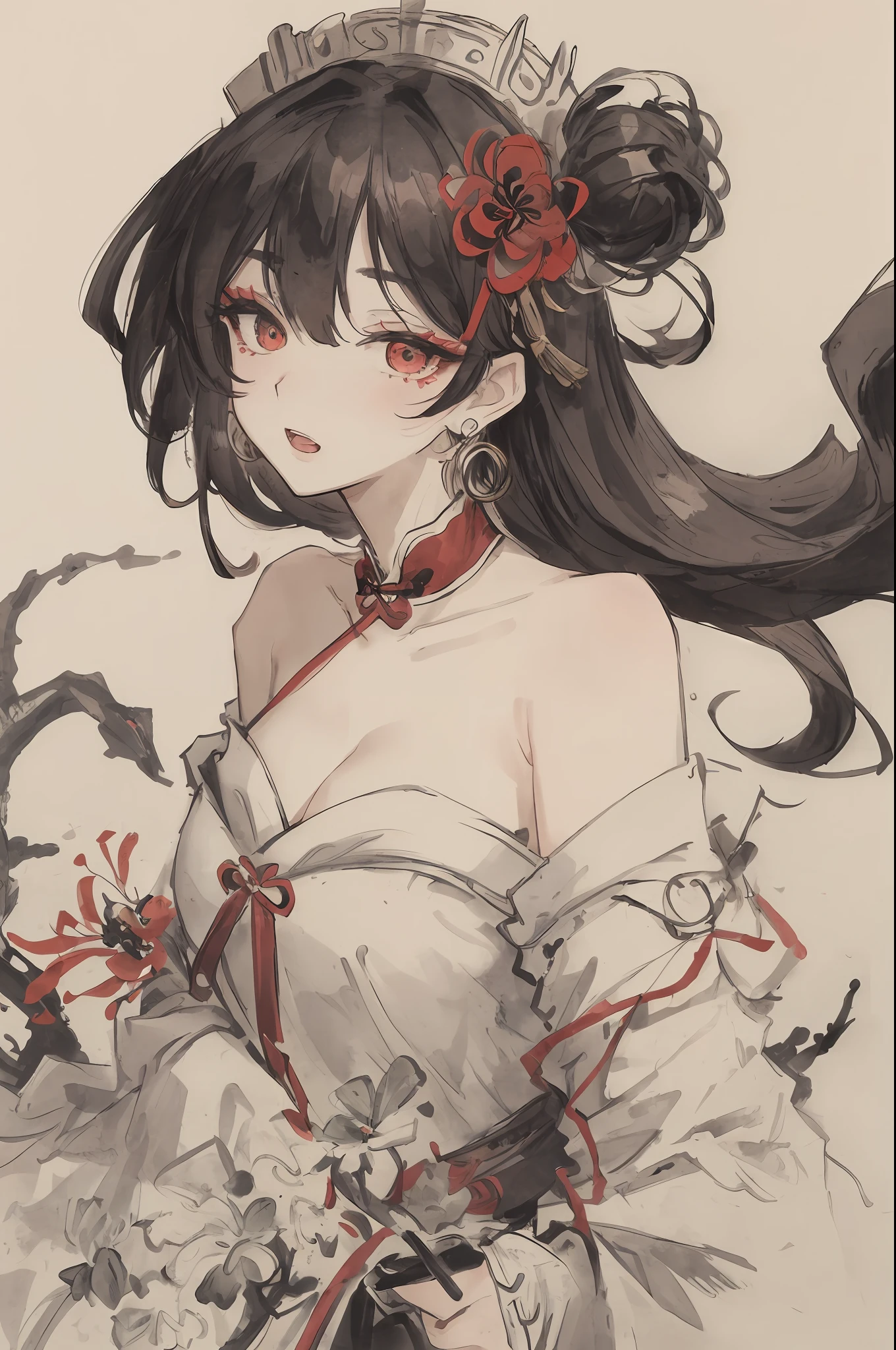 ((High resolution)), (Open Mouth), (Bust), (Top Quality), ((Super Fine)) (Super Fine CG)), ((8k_wallpaper)), Dynamic Angle, Floating, (Eyes with Beautiful Details), Very Delicate and Beautiful Girl, Upper Body, Ink Painting, (Chinese Style), Dark Eyes, Burning, Detail Light. from_low, (black hair), (red spider) lily: 1.33), aqua eye, (hair flower: 1.3), Bloom, single, starry sky, hair accessories, earrings, jewelry, messy hair, bare shoulders, half-closed eyes, bloom, (men), (Hanfu: 1.3), (Medium breasts): 1.2), (Eyeshadow, Red Eyeliner: 1.15), (Eyeshadow, Red Eyeliner: 1.15), (Eyeshadow, Red Eyeliner: 1.15), (Visible Eyes Through Hair: 1.2), (Solo Exhibition), Red Moon