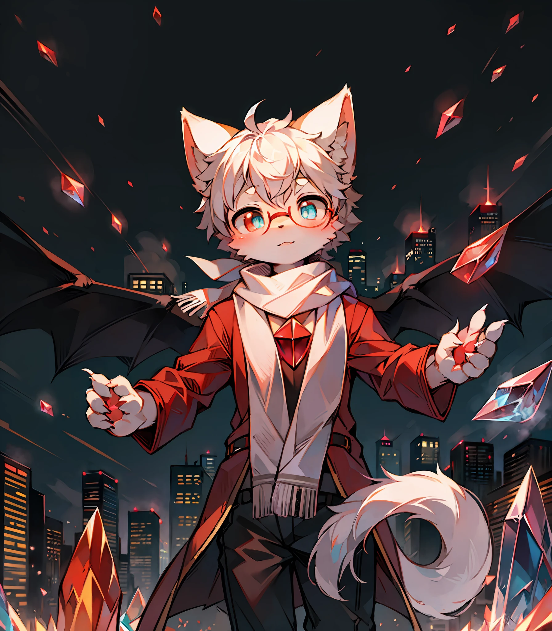 Highest quality, delicate painting style, delicate hook lines, masterpiece, delicate skin, delicate hair, complete painting, masterpiece, delicate hands, delicate eyes, normal eyes, white cat ears, furry, black frame round glasses, red eyes, handsome, (white scarf)), cat style, Shota, blue pupils, city night view, red crystal wings, mottled light and shadow, boy, bright eyes of God. , crystal shards in the air, cities, white fur