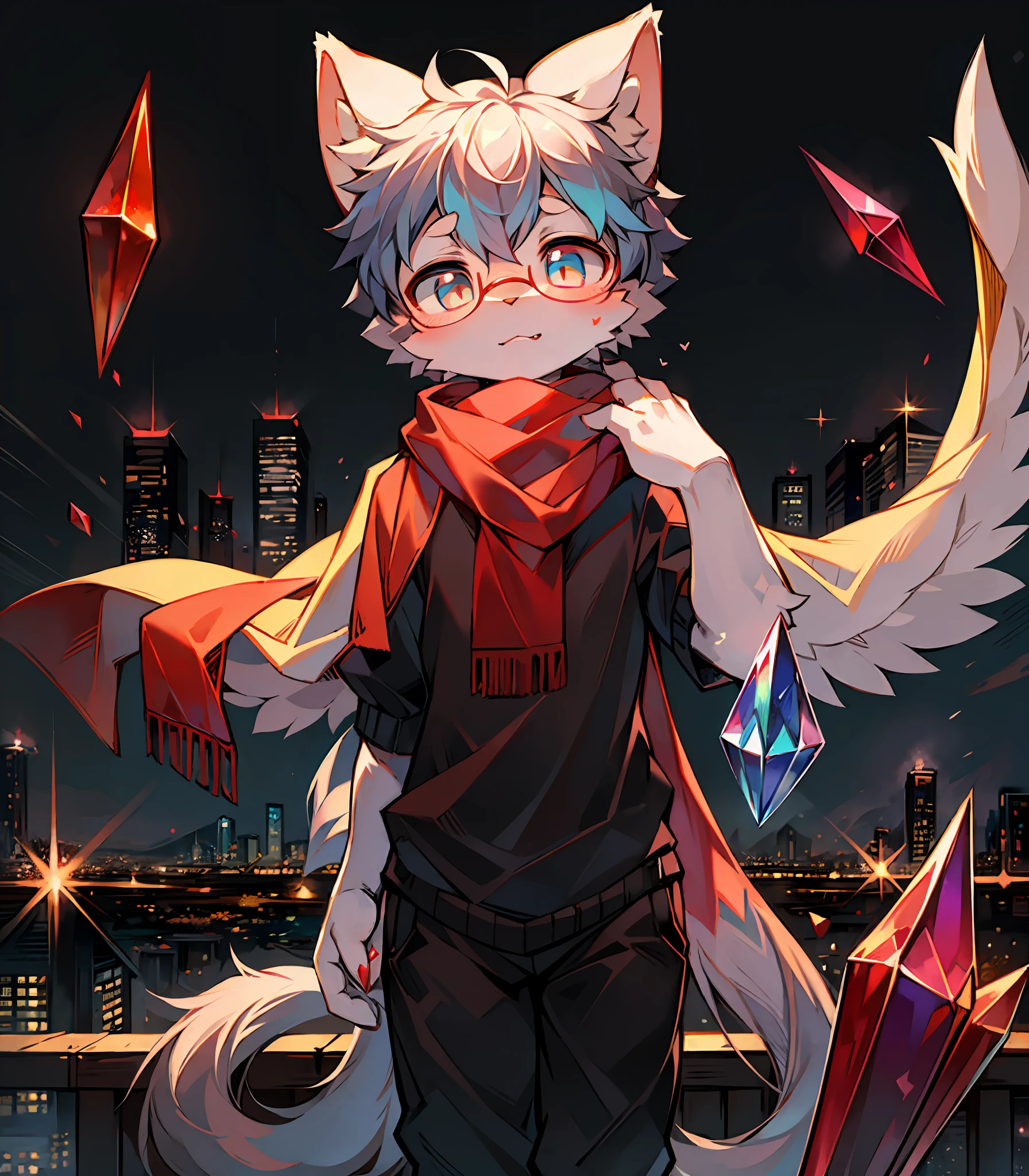 Highest quality, delicate painting style, delicate hook lines, masterpiece, delicate skin, delicate hair, complete painting, masterpiece, delicate hands, delicate eyes, normal eyes, white cat ears, furry, black frame round glasses, red eyes, handsome, (white scarf)), cat style, Shota, blue pupils, city night view, red crystal wings, mottled light and shadow, boy, bright eyes of God. , crystal shards in the air, cities, white fur