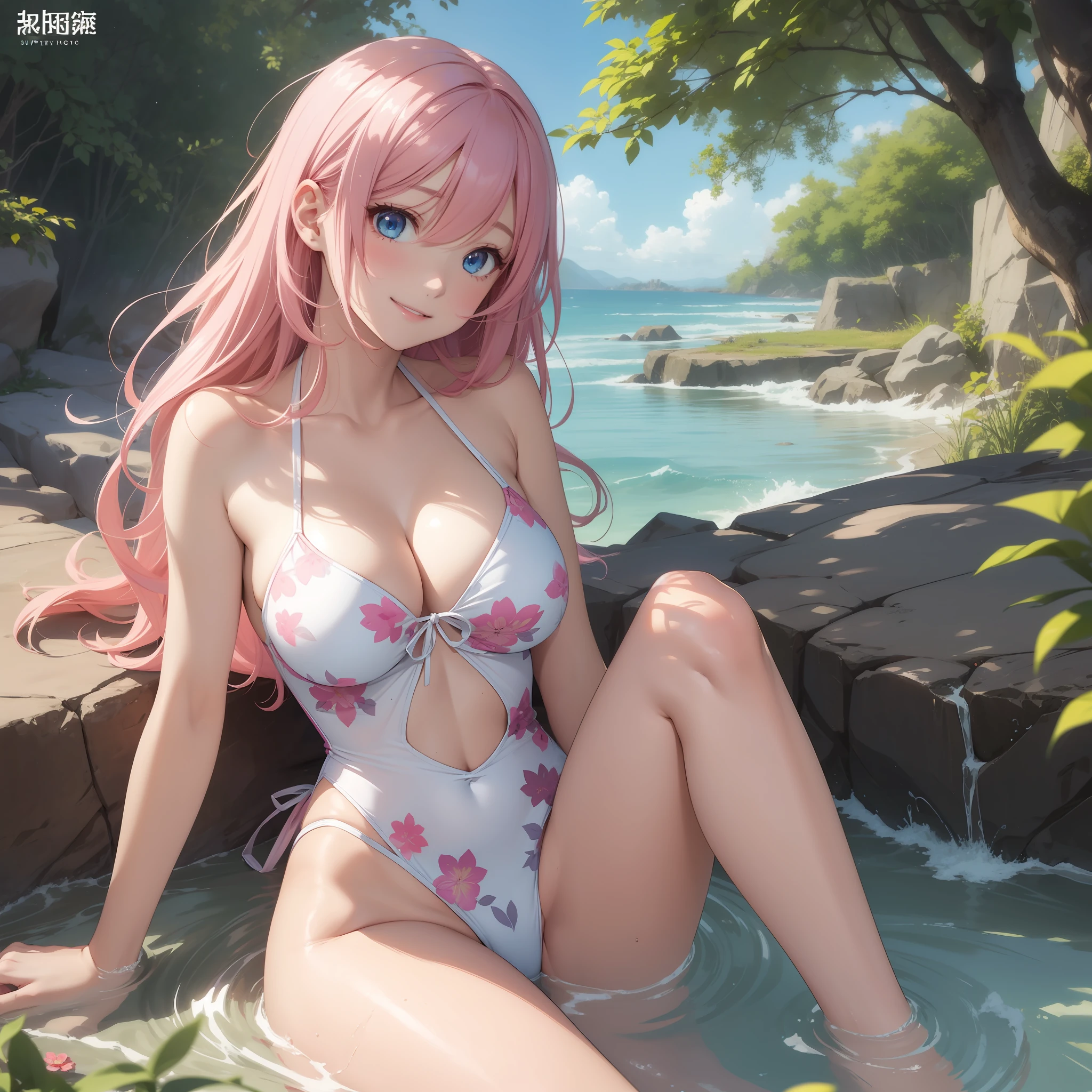 1 girl、solo、、pfotorealistic、super fine illustrations、beautiful alluring anime girl、Super Detailed、Sorrisos、beautiful blue eyes、Beautiful proportions、Megurine Luca、pink hair、gentle expressions、mesmerizing anime girl、Glossy skin、Wholebody、Very cute floral swimsuit、Faintly visible sunlight、seaside, nsfw、