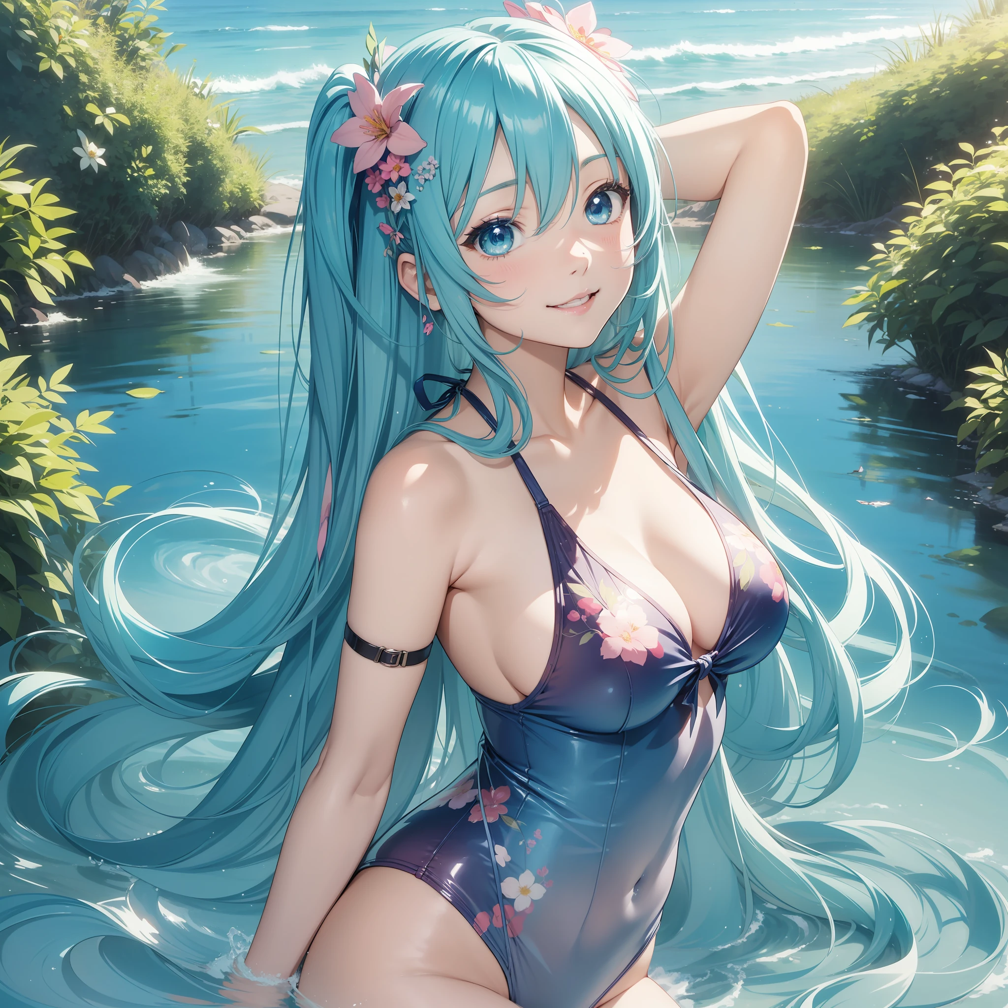 1 girl、solo、pfotorealistic、super fine illustrations、beautiful alluring anime girl、Super Detailed、Sorrisos、beautiful blue eyes、Beautiful proportions、hatsuneMiku、slender、gentle expressions、mesmerizing anime girl、Glossy skin、Wholebody、Very cute floral swimsuit、Faintly visible sunlight、seaside, nsfw、