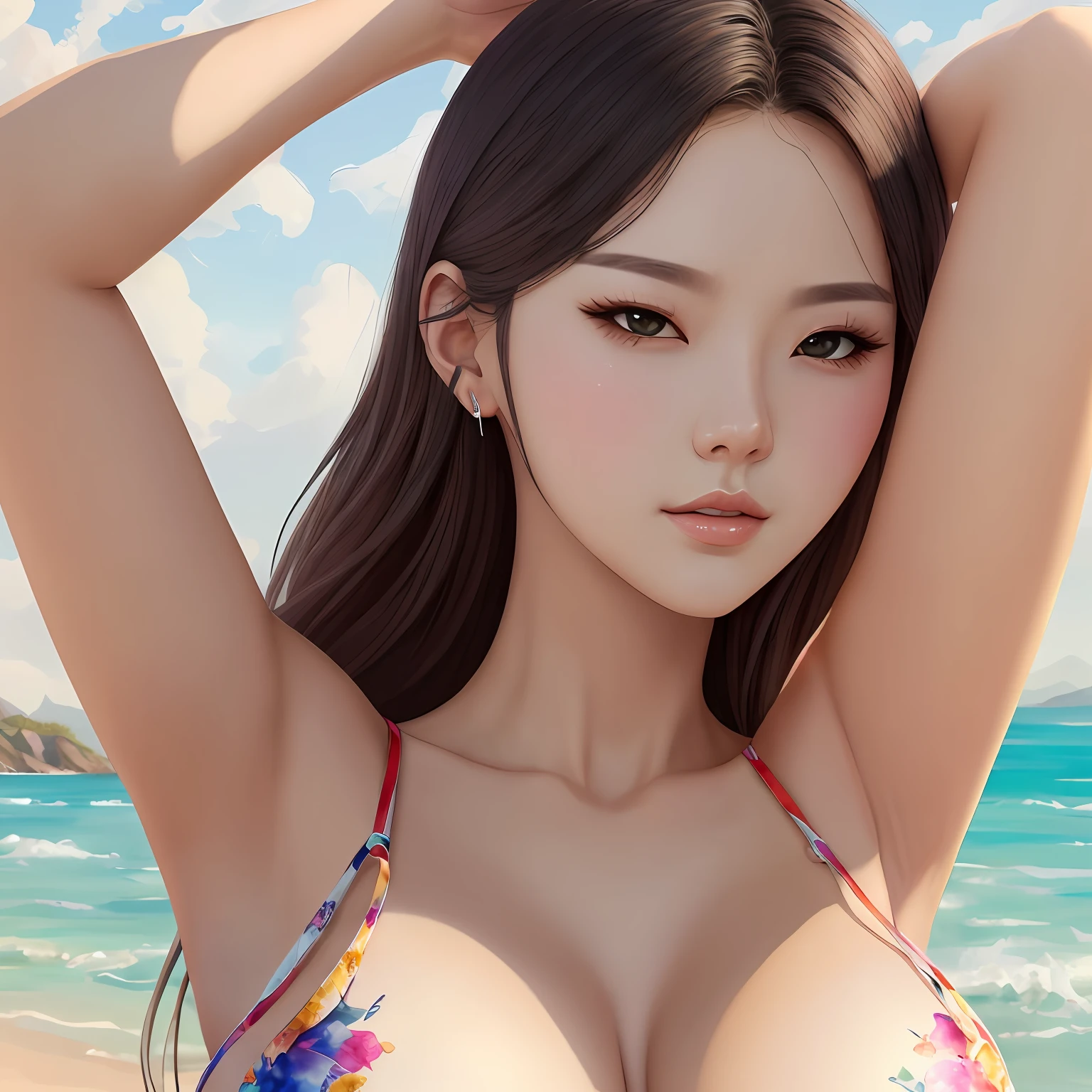 Watercolor, Joseph Zbukvic, beach landscape, michael garmash and rob rey, William Bonnar, rhads watercolor, Vicente Juan Masip, Victor Wang, Victor Meirelles, realistic watercolor, Konrad Grob, woman, guweiz style Artwork, beautiful and charming anime woman, good hand, 4k, high resolution, masterpiece, best quality, head: 1.3, (Korean K-pop idol), detailed skin, sharp focus, (film lighting), clavicle , Dynamic Angle, [: (Facial Details:1.2):0.2], Armpit Wrinkles, Slender, Cleavage, Full Body, (Realistic:1.7), Best Quality, Absurd, Ultra High Resolution,(Realistic:1.6), Realistic , octane rendering, (surrealism: 1.2), (huge breasts: 1.5) karol bak uhd, guweiz masterpiece, ig model | Art Bacteria, Art Bacteria --auto