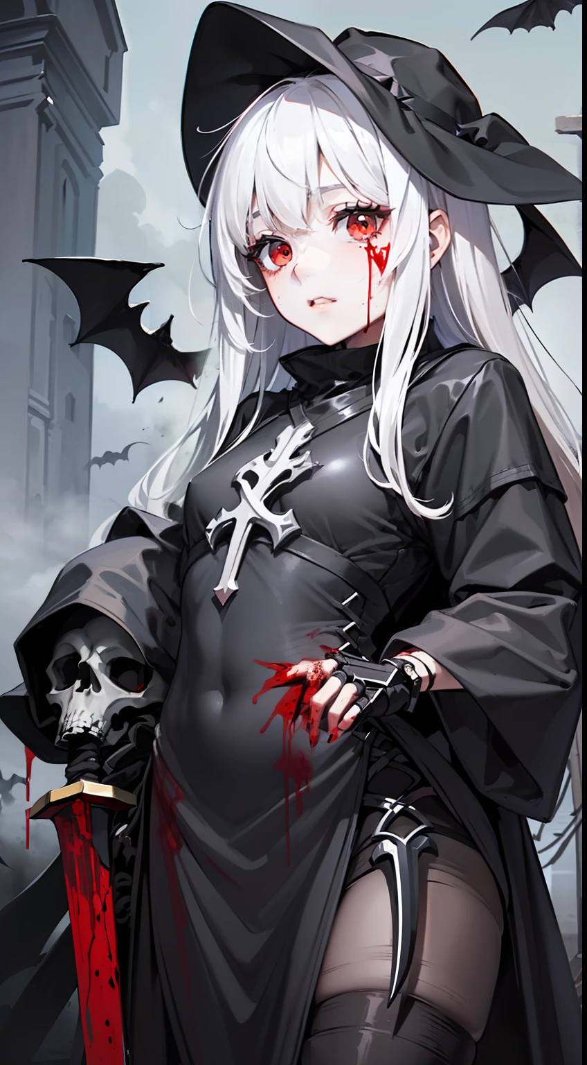 ([(nsfw)::1],[[delicate fingers and hands:0.55]::0.85],masterpiece,best quality (girl Focus:1.4),(beautiful detailed eyes:1.1),(beautiful detailed girl:1.2),[:outline:0.9],solo,1girl,long black gradient white hair,((dark:1.3) fog adorns aroundl detailed cloak)(she carry(black_(fog:1.4) embedded in the (black:1.4) Heavy Sword:1.3),(Hilt in the shape of (dark:1.3) (Skeleton:1.2))(dark church:1.3),Thorn cages,dark sun,grim reaper,Dead space,cemetery,fashi-girl, red eyes, (Blood-red bats Far in the sky),full body,