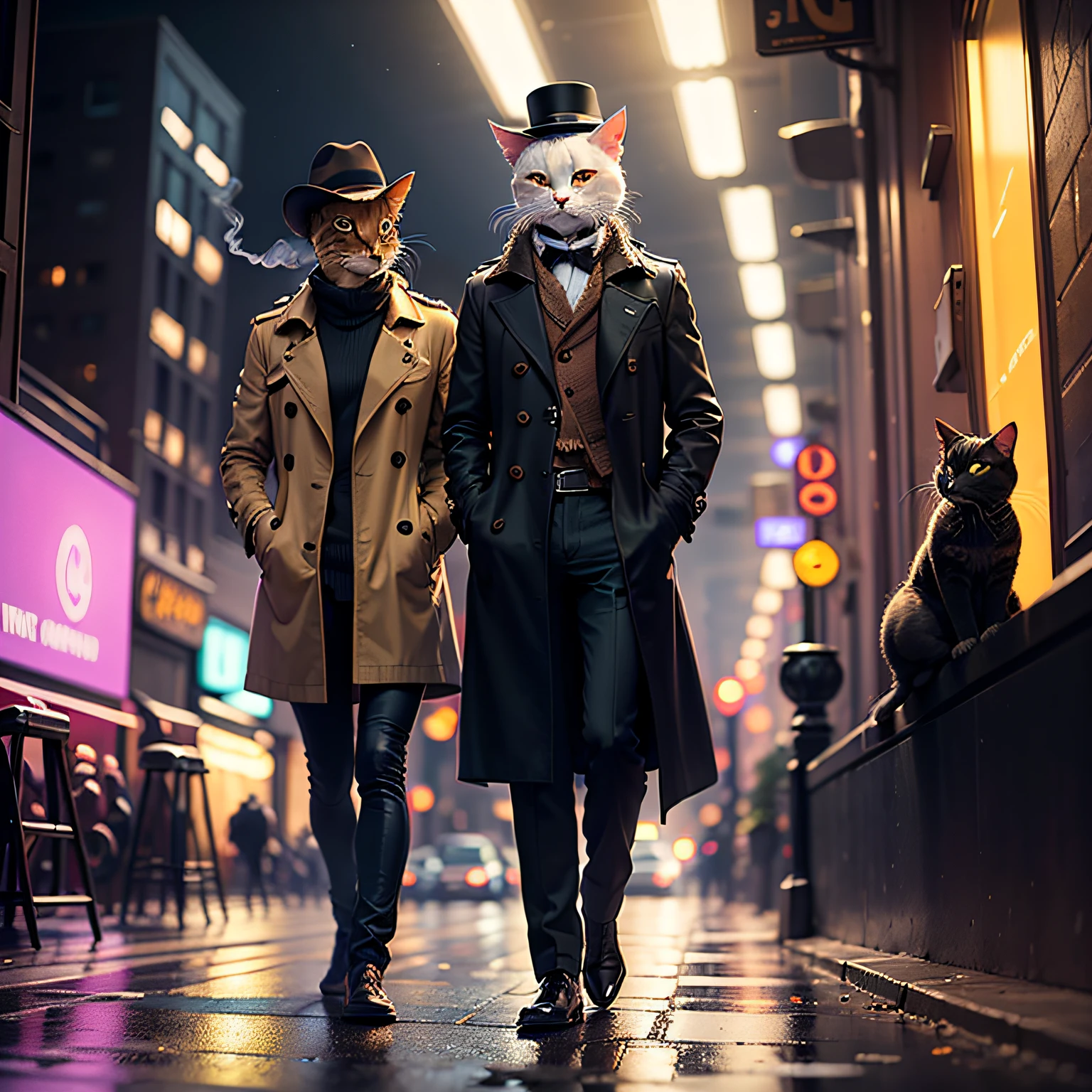 3D, CG, Photography, Rendering Engine, HD, Color, Vivid, A Cat in a Hat, Smoking a Pipe, A Cat, Wearing a British Plaid Trench Coat, Full Body, Sherlock Holmes, Walking on the Road, Smoking Cat, Cigar-Smoking Cat, Anthropomorphic Cat, Cat in a Trench Coat, London at Night, Neon Lights, Street, Don't Two Cats in the background --auto