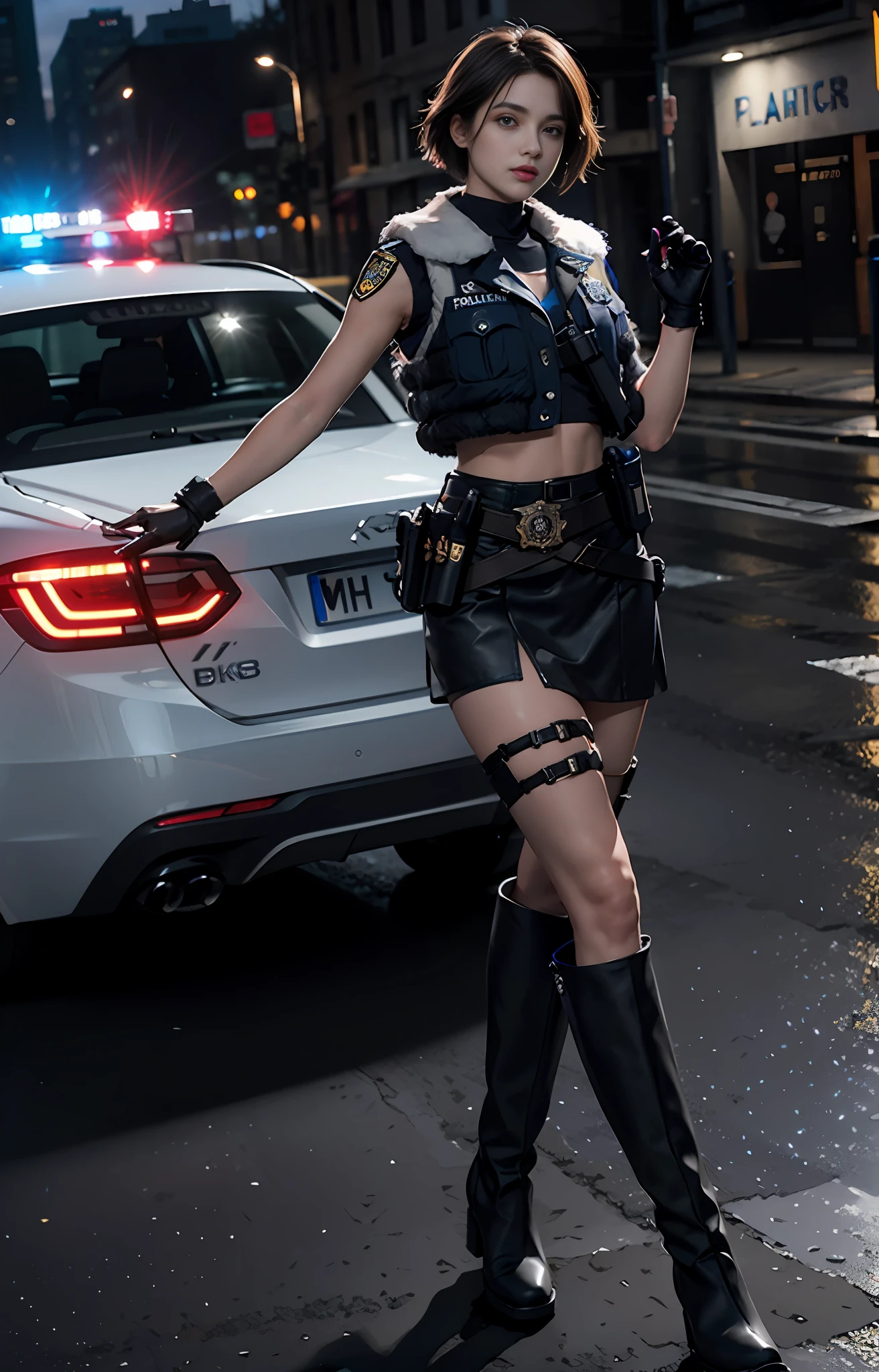 Official art, extremely detailed CG Unity 8k wallpaper, best quality, masterpiece, high resolution, beautiful girl criminal cop, short hair, black crop top fur vest, brown belt, pistol holster on thigh, body armor, tactical gloves, black minileather skirt, police uniform style, black long tube flat boots, police badge on chest, police car, thin legs
