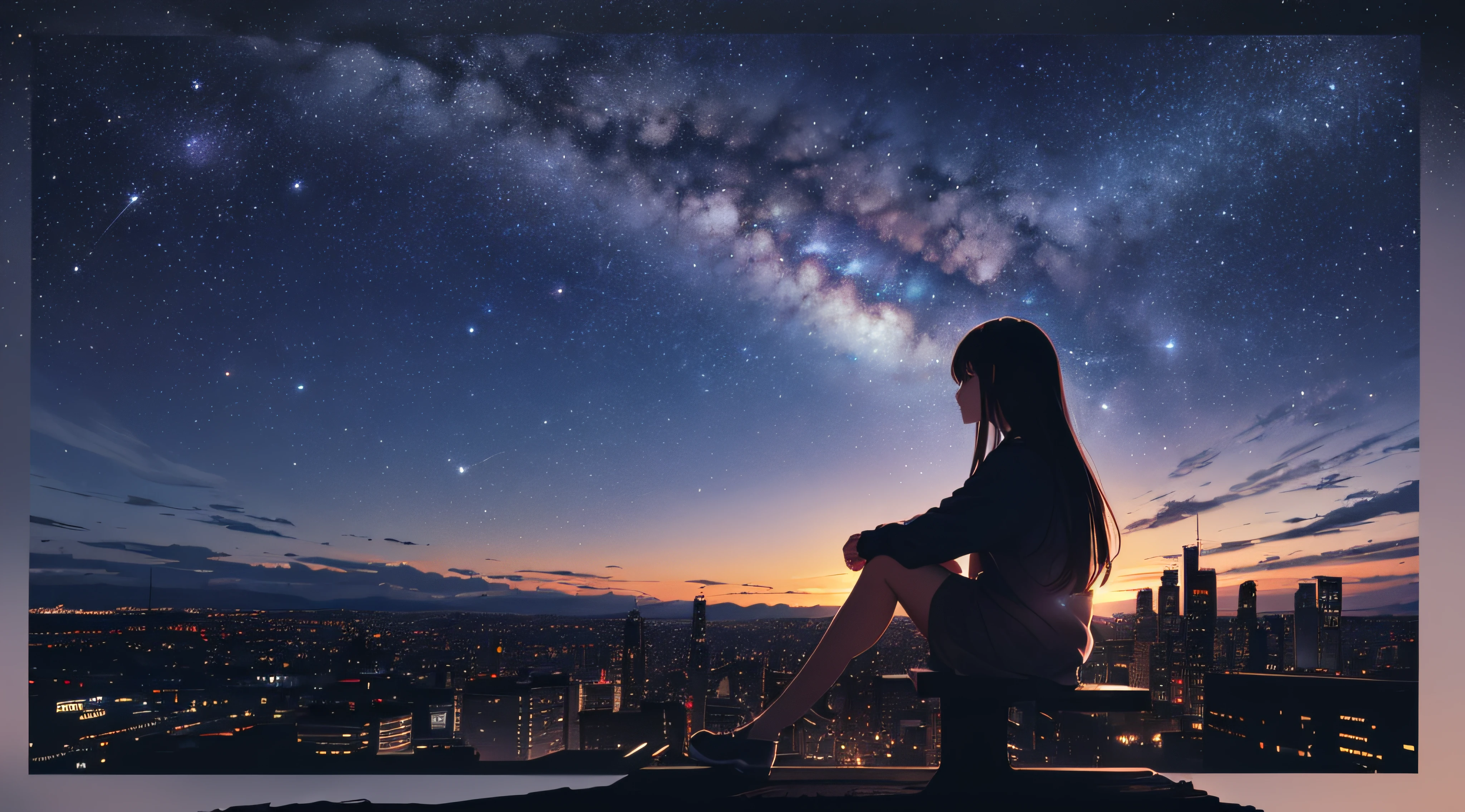 octans, sky, star (sky), scenery, starry sky, night, 1girl, night sky, solo, outdoors, building, cloud, milky way, sitting, tree, long hair, city, silhouette, cityscape --auto --s2