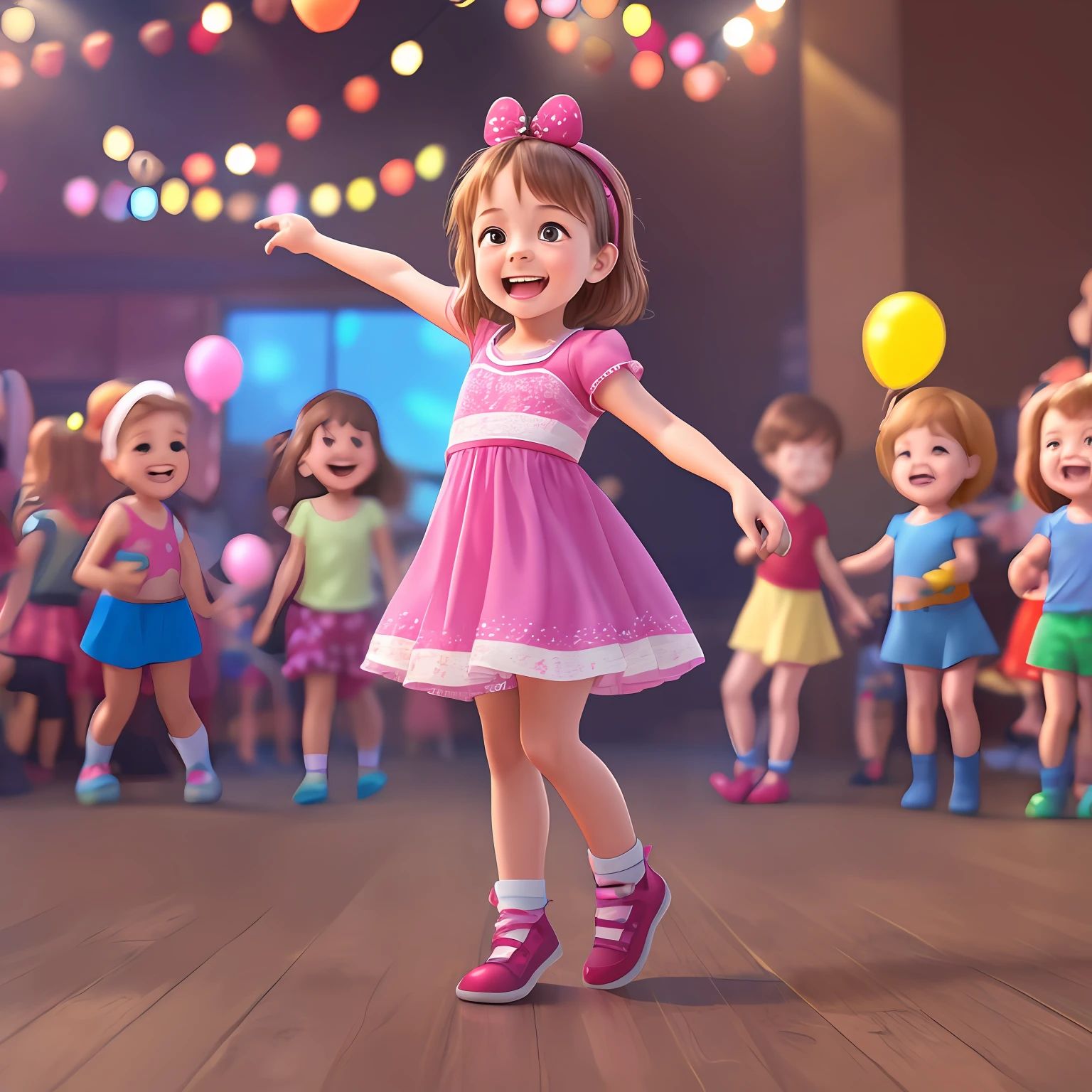 seen from the front smiling and dancing with little friends at the birthday party, Pixar style, 3D style, Disney style, 8k, cute