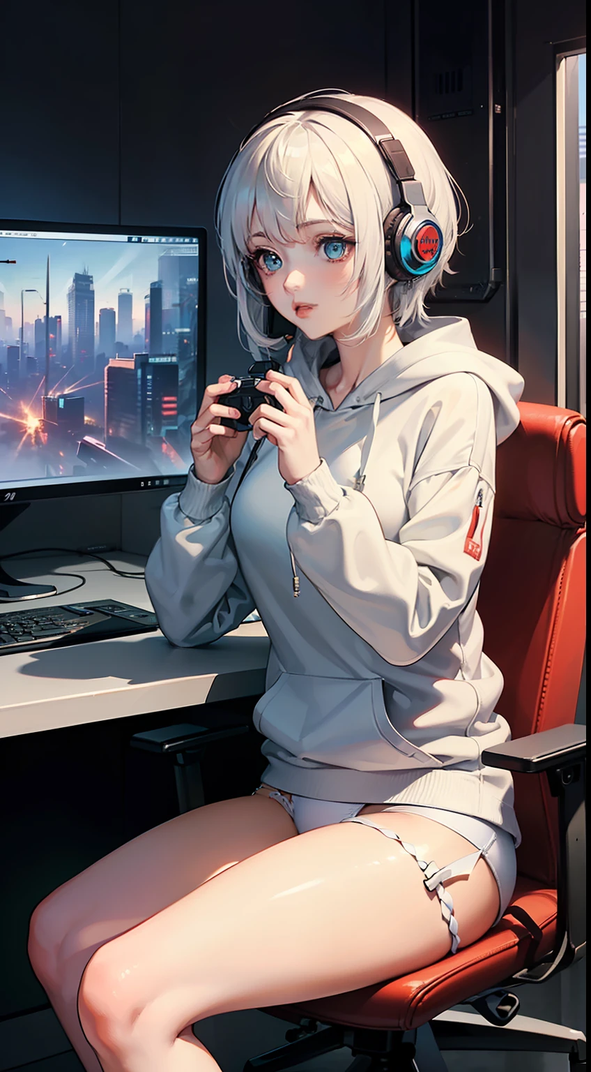 ((best quality)), ((masterpiece)), ((ultra-detailed)), (illustration), (detailed light), (an extremely delicate and beautiful),
(((solo))),
(a beautiful cute girl),
((headphone)),(hoodie),
((cyberpunk room)),indoors,(computer,screens),data stream,window,
((sitting on Gaming chair)),
(beautiful eyes),white hair,(White underwear),(Two hands:1.5)