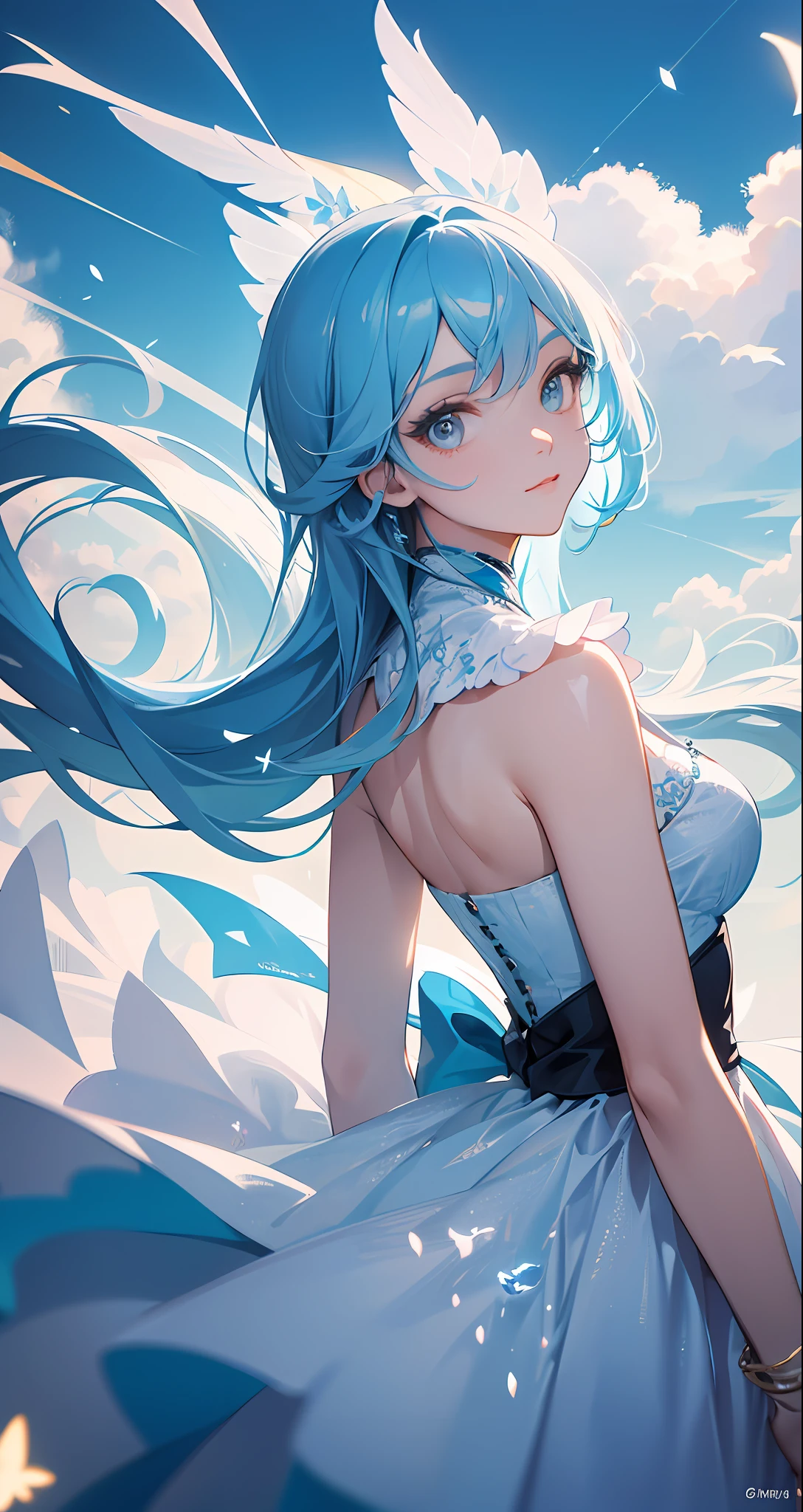 (8k, RAW photos, top quality, highly detailed CG Unity 8k wallpaper, masterpiece: 1.2), girl, light blue beautiful hair, floating in the sky, cloud girl, clouds, (close-up: 1.1), bright, happy, fun, soft lighting, (Bauhaus, shape, line, abstract: 1.1) cornflower, small and beautiful girl with detailed eyes, light blue beautiful hair, light blue monochromatic dress, upper body, The depth of field in the photo was perfect, and the lens flare added a nice touch. The fine features of his face really stood out, and the score in this photo was definitely over 10. In the background, there were clouds, a stunning picture that really captured the beauty and clouds of the girl. Accurate iris depiction, looking at the viewer lovingly like a gentle and goddess, stretching out both hands to the viewer