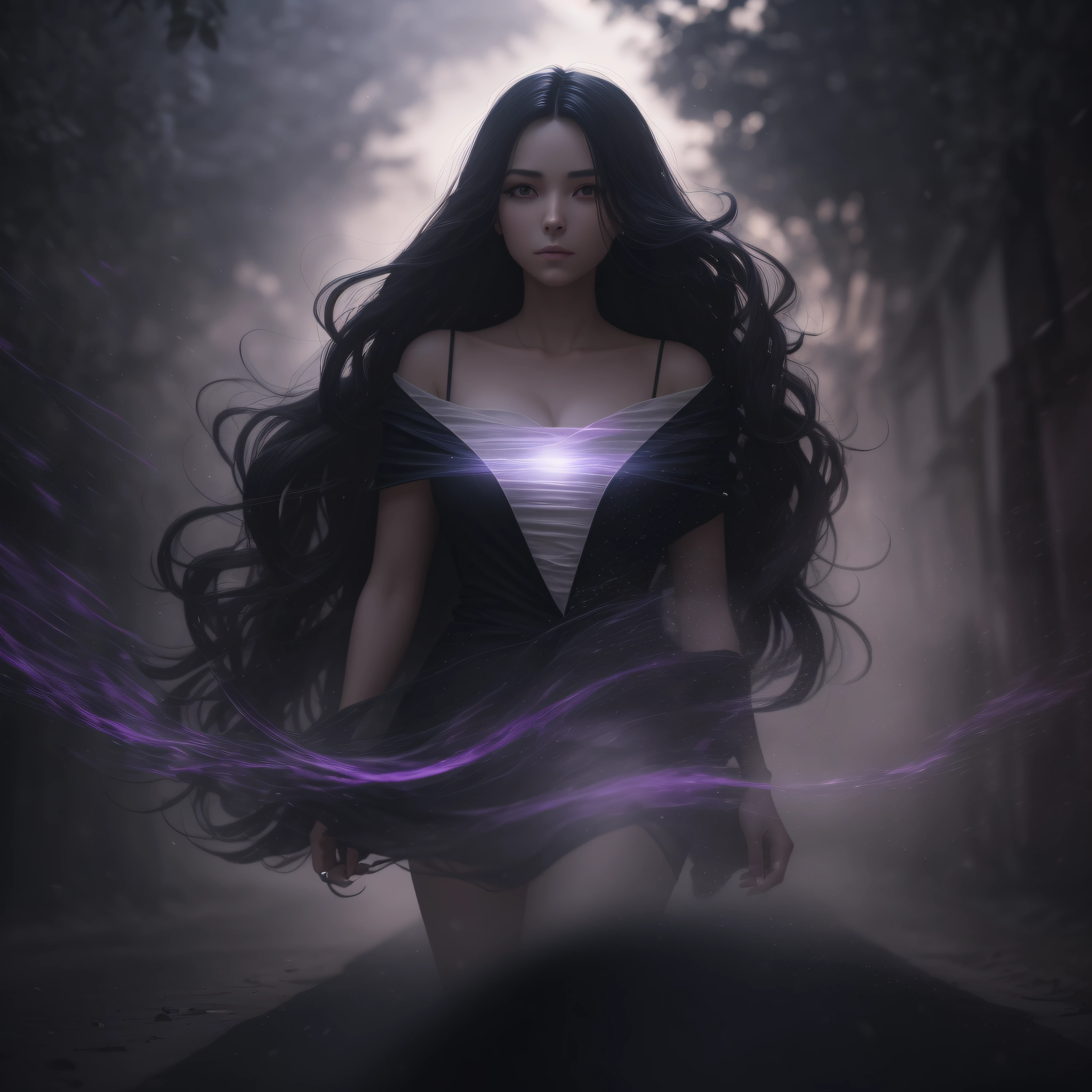 Woman walking head-on down a road at night, with fog and shadows, wavy and long black hair, detailed hand and fingers, high quality, ultra-detailed, 8k, masterpiece, (volumetric lighting), black magic, fanciful, lilac colors, purple, black and vivid shadows on the woman's return. --auto --s2
