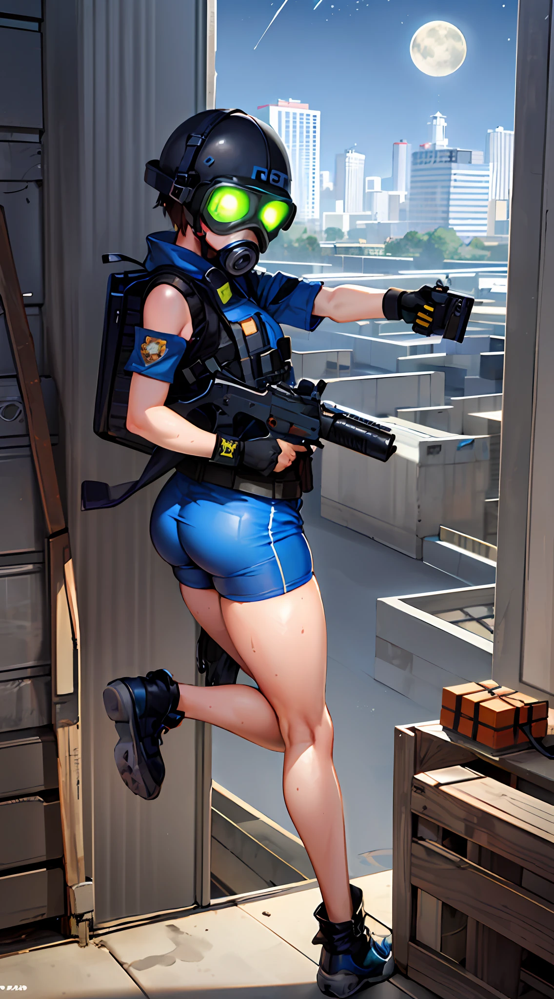 solo, 1girl, tomboy, boyish girl, gas mask, girl wearing gas mask, bullet proof vest, body armor, combine soldier, jump suit, white orange and blue jump suit, loose coat, loose clothes, shoulder armor, helmet, combat boots, blue urban camo, blue camo, cameltoe, science fiction, petite, wide hips, thicc, toned legs, muscular legs, curvy, armband, leg armor, military, sexy tight clothes, glowing eyes, small breasts, flat chest, ass, city, skyscraper, tower, military, wrench, jacket around waist, mechanic, mechanic girl, vehicle, apc, truck, humvee, waist coat, abs, athletic, sweat, night, stars, moon, (blue glowing eyes), flashlight, chest rig, holster, pistol holster, belt, submachine gun, metal crates, military crates, ammo box, laptop, laptop on table, grenade belt, backpack, radio on shoulder, hoodie down, city night, vest collar, toolbelt, screwdriver, hammer, tablet, holding weapon, holding gun,