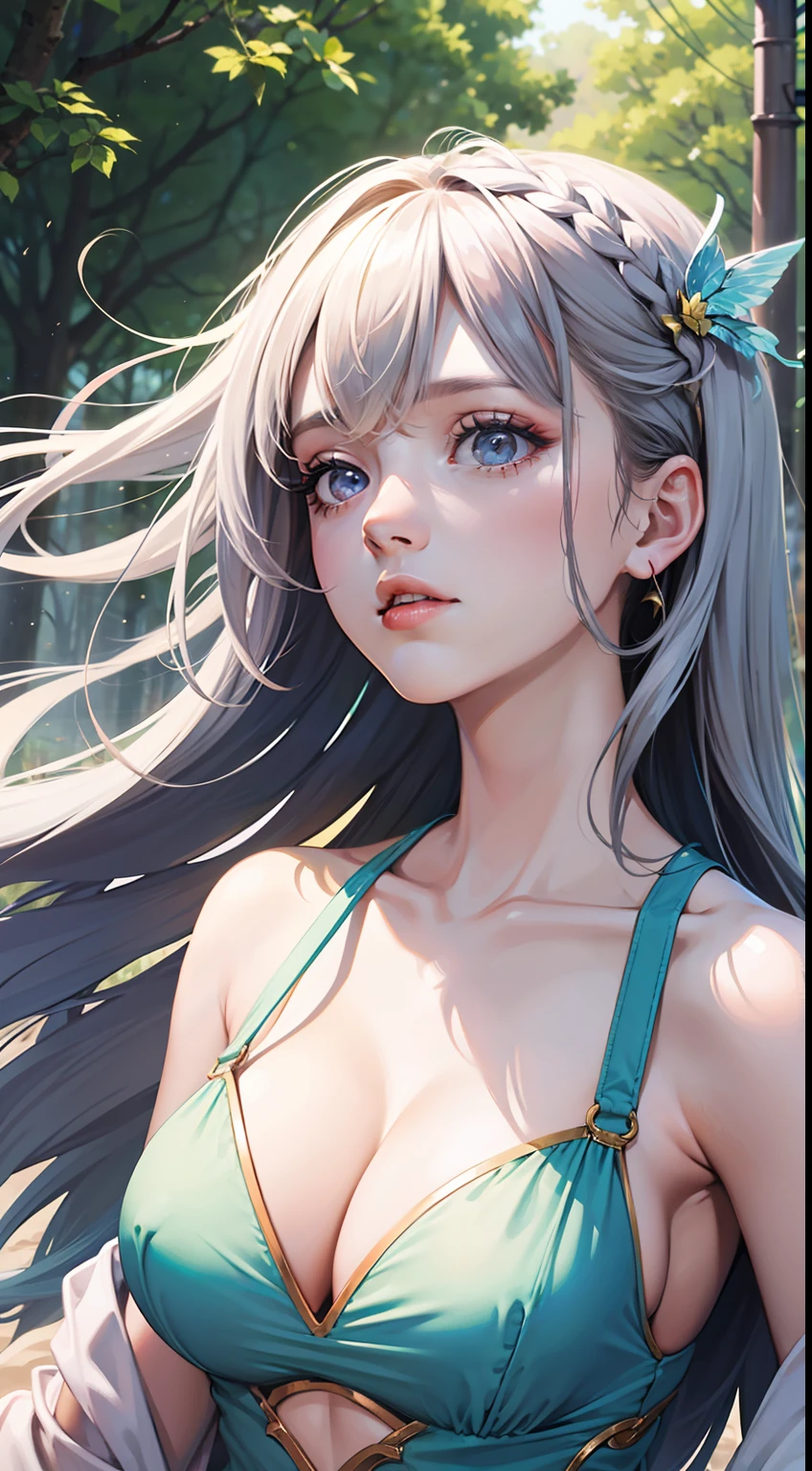 raw photo,photorealistic,best quality,masterpiece,illustration,extremely detailed,CG,unity,8k wallpaper,Amazing,finely detail,masterpiece,best quality,official art,extremely detailed CG unity 8k wallpaper,absurdres,incredibly absurdres,huge filesize,ultra-detailed,highres,extremely detailed,1 girl,Perfect face,Perfect eyes.,gradient hair,multicolored hair,White colorful hair,Medium chest,fantastical forest,with towering trees and twisting vines. The sky is a soft shade of pink,and butterflies flit about,adding to the whimsy of the scene. In the foreground,a pair of unicorns stand gracefully,their manes blowing in the gentle breeze. A group of fairies flit about,spreading magic wherever they go.,dynamic angle,