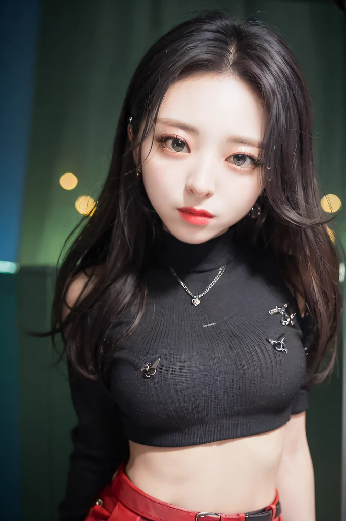 (close-up portrait:1.4) of yuna itzy, wearing a black sweater and cargo pants, red lips, contrapposto, (standing in a nightclub:1.2)