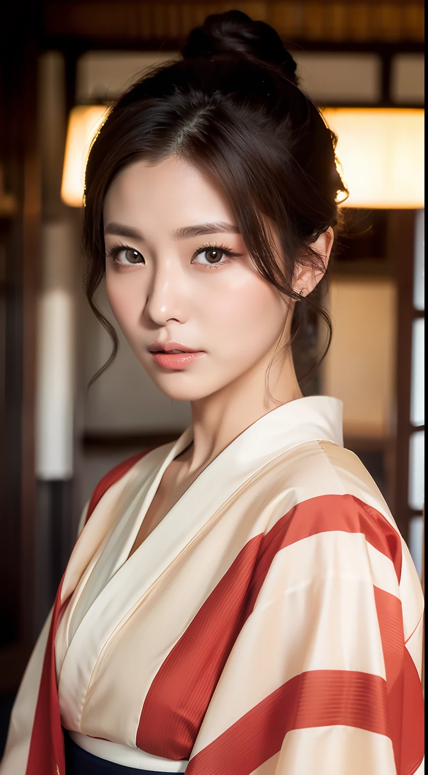 ((Top Quality, 8k, Masterpiece: 1.3)), Sharp Focus: 1.2, Beautiful Woman with Perfect Figure: 1.4, (Kimono), Highly Detailed Face and Skin Texture, Detailed Eyes, (Lips), Dark Brown Hair, Cafe