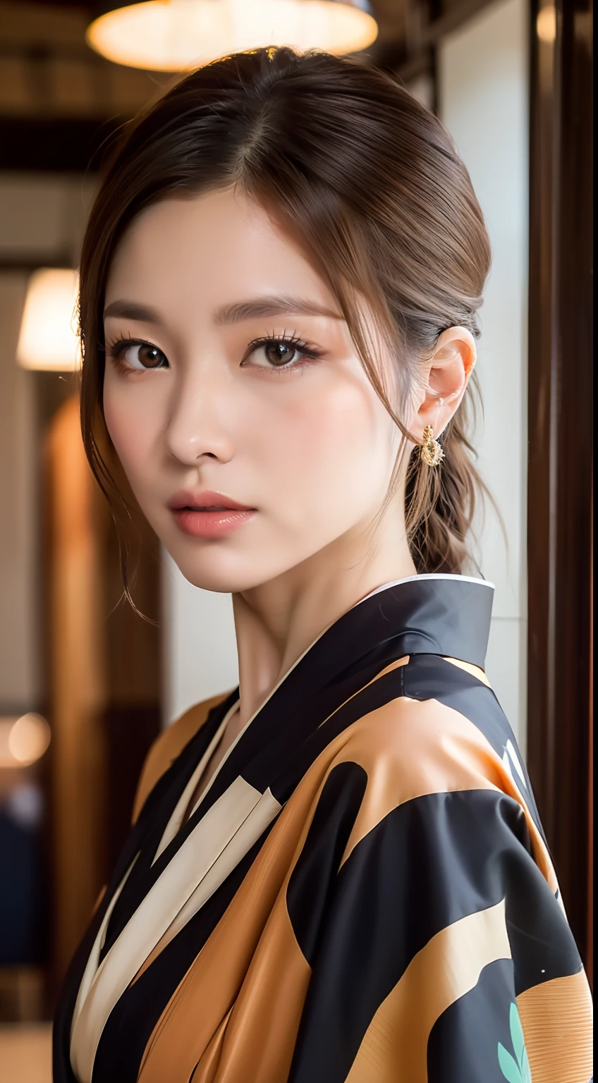 ((Top Quality, 8k, Masterpiece: 1.3)), Sharp Focus: 1.2, Beautiful Woman with Perfect Figure: 1.4, (Kimono), Highly Detailed Face and Skin Texture, Detailed Eyes, (Lips), Dark Brown Hair, Cafe