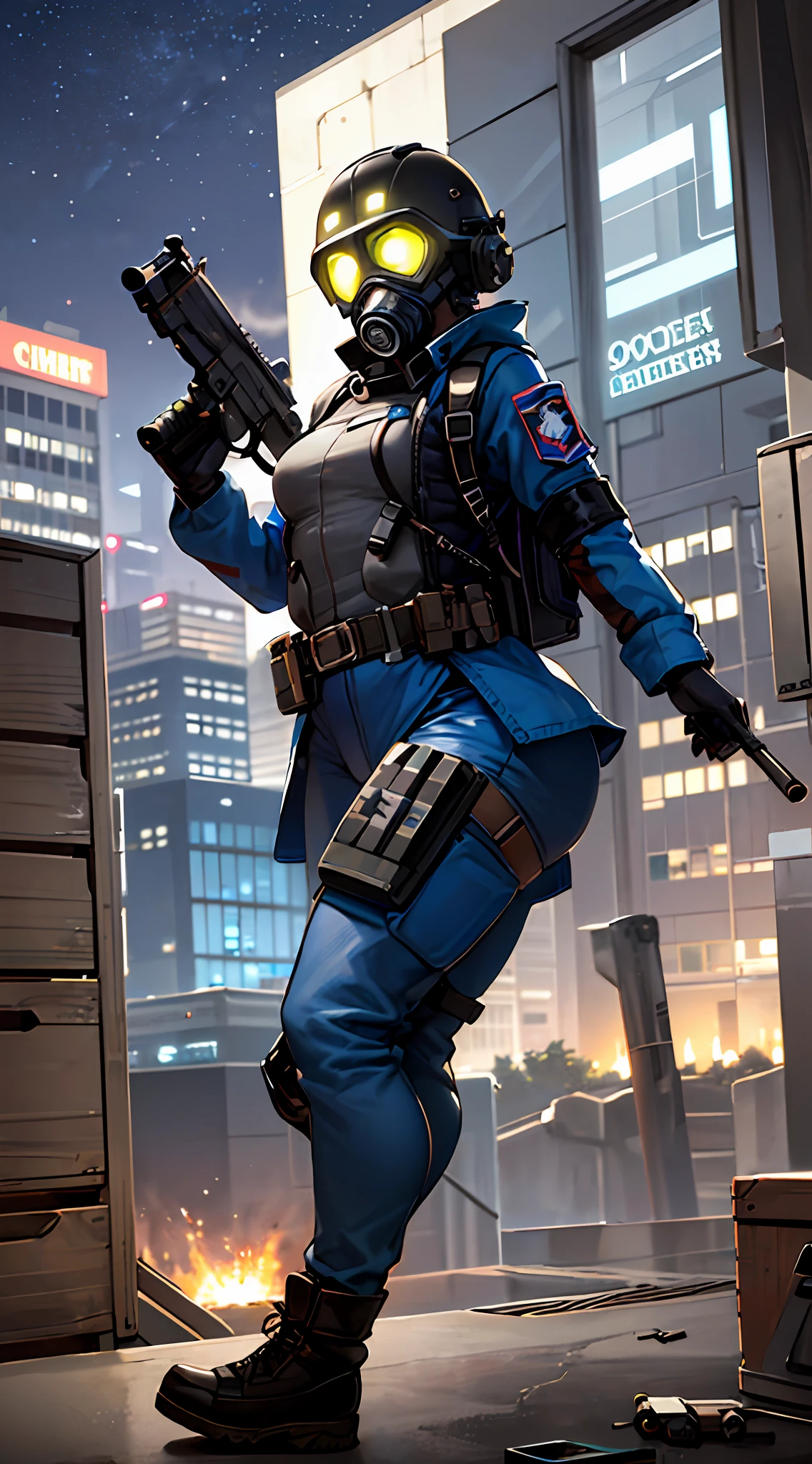 solo, 1girl, tomboy, boyish girl, gas mask, girl wearing gas mask, bullet proof vest, body armor, combine soldier, jump suit, white orange and blue jump suit, loose coat, loose clothes, shoulder armor, helmet, combat boots, blue urban camo, blue camo, cameltoe, science fiction, petite, wide hips, thicc, toned legs, muscular legs, curvy, armband, leg armor, military, sexy tight clothes, glowing eyes, small breasts, flat chest, ass, city, skyscraper, tower, military, wrench, jacket around waist, mechanic, mechanic girl, vehicle, apc, truck, humvee, waist coat, abs, athletic, sweat, night, stars, moon, (blue glowing eyes), flashlight, chest rig, holster, pistol holster, belt, submachine gun, metal crates, military crates, ammo box, laptop, laptop on table, grenade belt, backpack, radio on shoulder, hoodie down, city night, vest collar, toolbelt, screwdriver, hammer, tablet, holding weapon, holding gun,