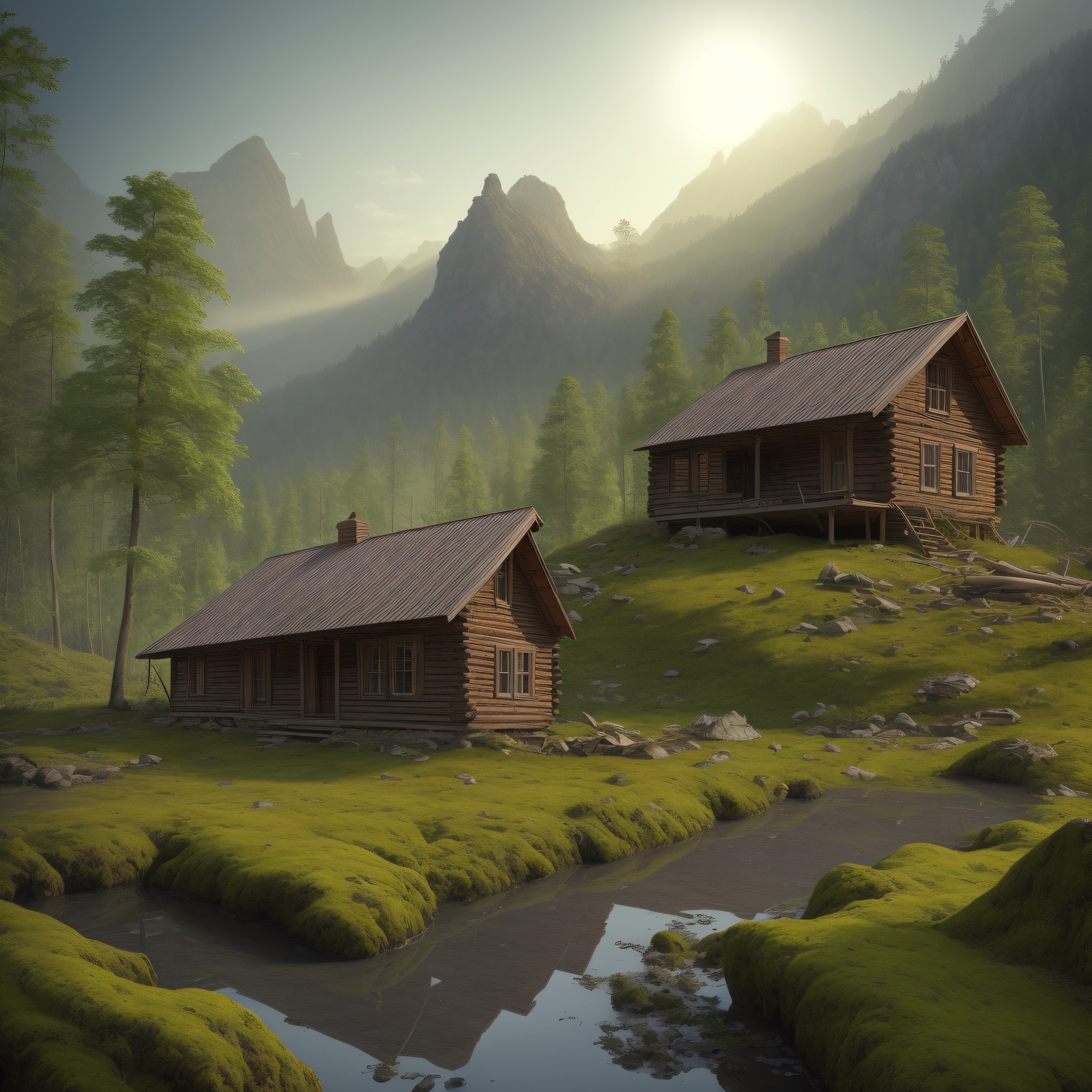 Imagine a dense forest in the caveman period, with tall, ancient trees casting long shadows in the dim light. The woods are filled with the sounds of rustling leaves and chirping birds. In the distance, a majestic mountain rises, its snow-covered peak glistening in the sunlight. A winding river cuts through the landscape, its crystal-clear waters reflecting the surrounding trees and mountains.

As you follow the river, you come across an abandoned dilapidated shack. The wooden structure is weathered and worn, with parts of the roof caved in and the walls covered in moss and vines. The shack stands alone in the heart of the forest, surrounded by towering trees that seem to guard its secrets.

Nearby, you notice a wrecked ship from the 1800s resting at the end of the river. The ship is partially buried in the ground, its once grand structure now decayed and overgrown with vegetation. Marijuana vines have intertwined themselves around the ship, creating a surreal and unexpected contrast to the rugged landscape.

On the right side of the scene, a small log cabin stands along the riverbank. Smoke billows from its chimney, indicating signs of life. The cabin exudes a cozy warmth, offering a stark contrast to the wildness of the surrounding forest. The scene is bathed in dramatic lighting, with rays of sunlight piercing through the dense canopy, casting shadows and highlighting the textures of the environment.

Overall, this scene captures the beauty of nature in the caveman period, with its rugged landscapes, abandoned structures, and a touch of surrealism.