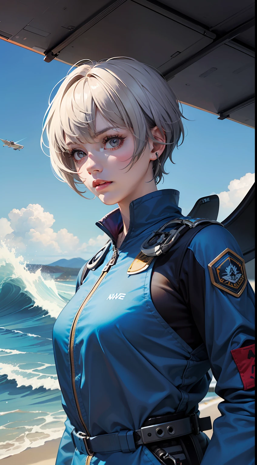 Realistic,flying machine,mecha,cable,plane,solo,1 girl,a Mecha Wasp plane,piloted by 1 female pilot. The plane has a detailed mechanical structure,clear mechanical wings,glowing wings,glow,Blue flame,yellow and white mechs,The characters are all in the cockpit,high quality,realistic,high resolution,using Unreal Engine,3D rendering,Zbrush,science fiction,robots,flying in caves,ready to reveal the true colors of ZergGirl,beautiful,dressed,many details,((Short white hair)),((Future), scars on my face, disfigured face, scars above my eyebrow, girl, (((Wave hair)), HD, more details, beauty is in the details, (((Pilot clothes)), (pilot girl),