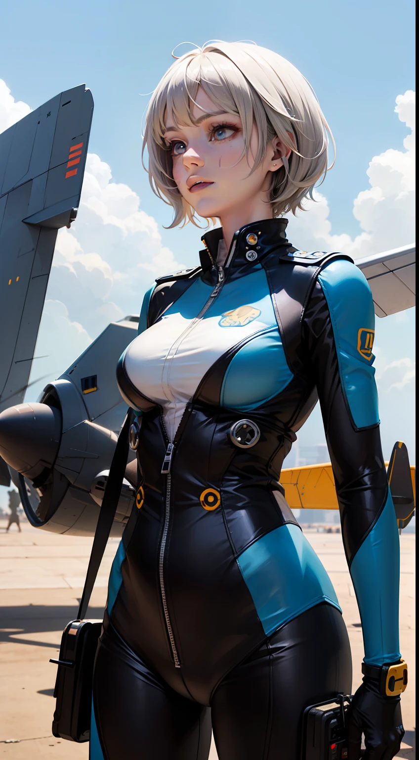 Realistic,flying machine,mecha,cable,plane,solo,1 girl,a Mecha Wasp plane,piloted by 1 female pilot. The plane has a detailed mechanical structure,clear mechanical wings,glowing wings,glow,Blue flame,yellow and white mechs,The characters are all in the cockpit,high quality,realistic,high resolution,using Unreal Engine,3D rendering,Zbrush,science fiction,robots,flying in caves,ready to reveal the true colors of ZergGirl,beautiful,dressed,many details,((Short white hair)),((Future), scars on my face, disfigured face, scars above my eyebrow, girl, (((Wave hair)), HD, more details, beauty is in the details, (((Pilot clothes)), (pilot girl),