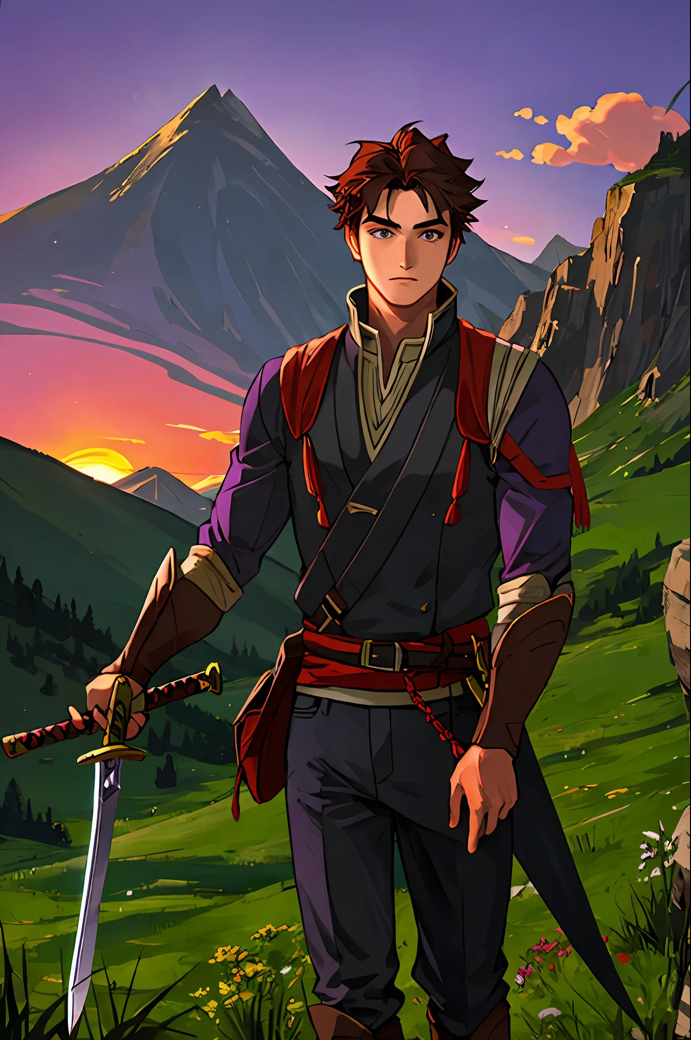 outdoor,1boy, handing a sword, mountain village background, purple sunset, masterpiece, best quality,