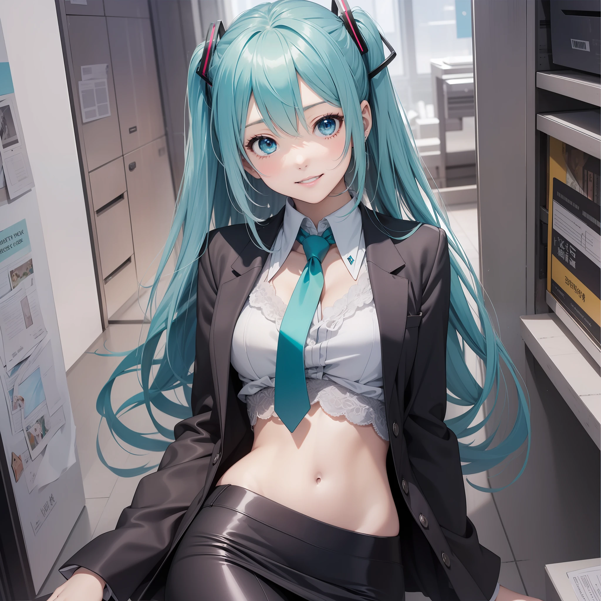 1 girl、solo、、pfotorealistic、super fine illustrations、beautiful alluring anime girl、Super Detailed、Sorrisos、beautiful blue eyes、Beautiful proportions、hatsuneMiku、slender、gentle expressions、mesmerizing anime girl、Glossy skin、total body、Office、grey suit、pencil skirts、