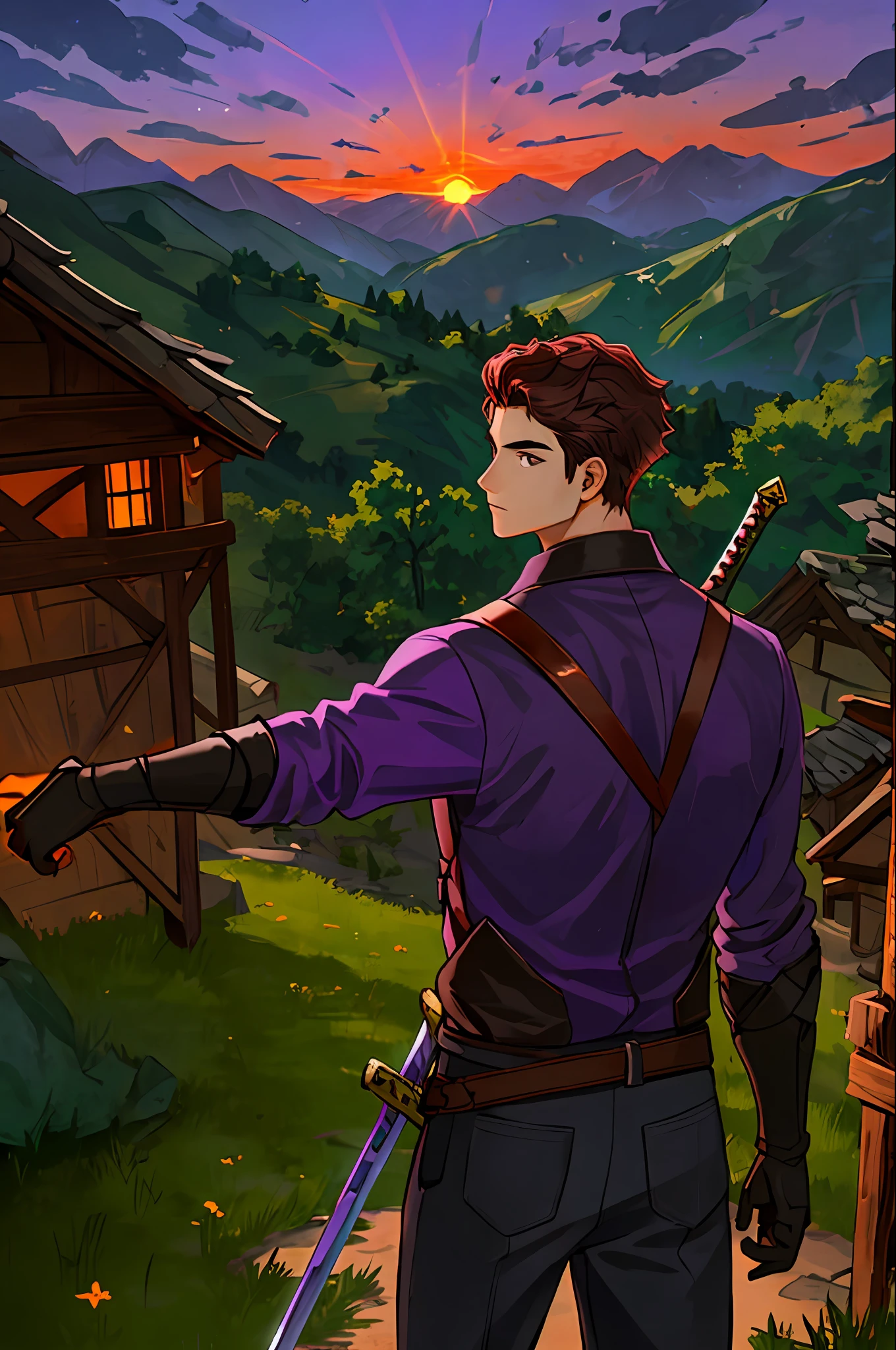 outdoor,1boy, handing a sword, mountain village background, purple sunset, masterpiece, best quality,