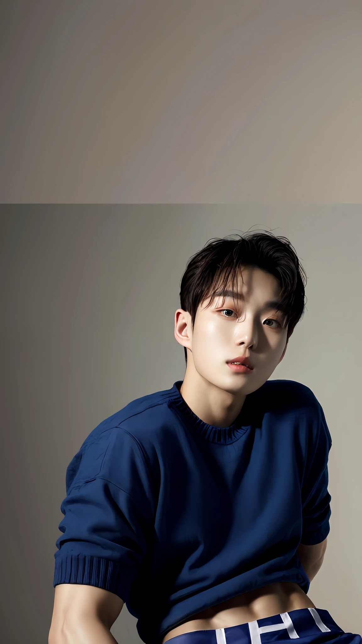 A Young Korean man , 1boy, white skin , detailed skin, 1boy, ((realistic)), abs, good lighting quality, muscle veins, ((pale skin)), footballer, (masterpiece, ultra quality, high resolution, 8k, intricate:1.2), (detailed face:1.2), handsome, , bulge, 1boy,solo, looking at viewer, balance eyes, (((from below))), , (eye contact), , shirtless, with tight navy jeans, bulge