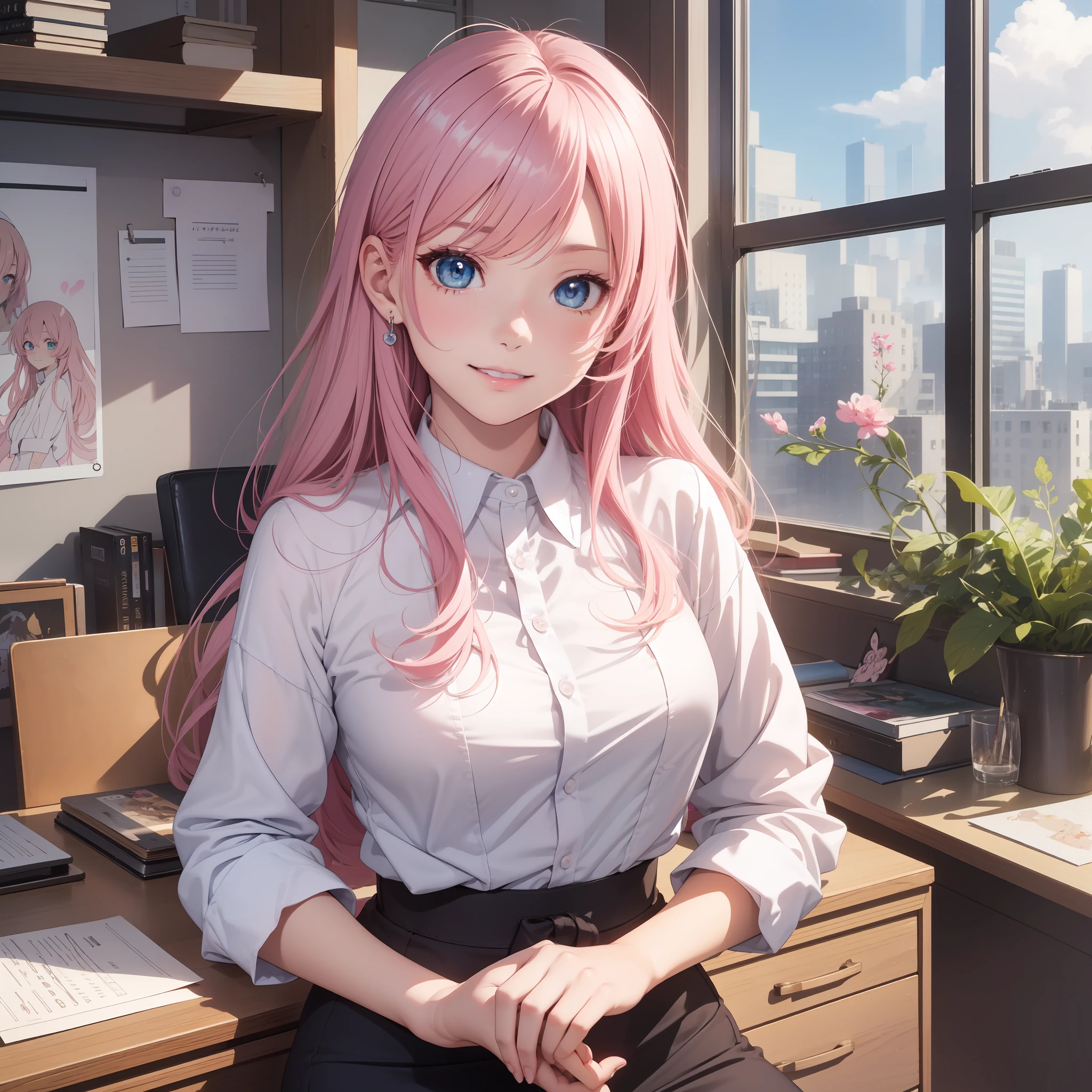 1 girl、solo、PhotoRealistic、super fine illustrations、beautiful alluring anime girl、Super Detailed、Sorrisos、beautiful blue eyes、Beautiful proportions、Megurine Luca、pink hair、gentle expressions、mesmerizing anime girl、Glossy skin、total body、Office、Secretary、pencil skirts、