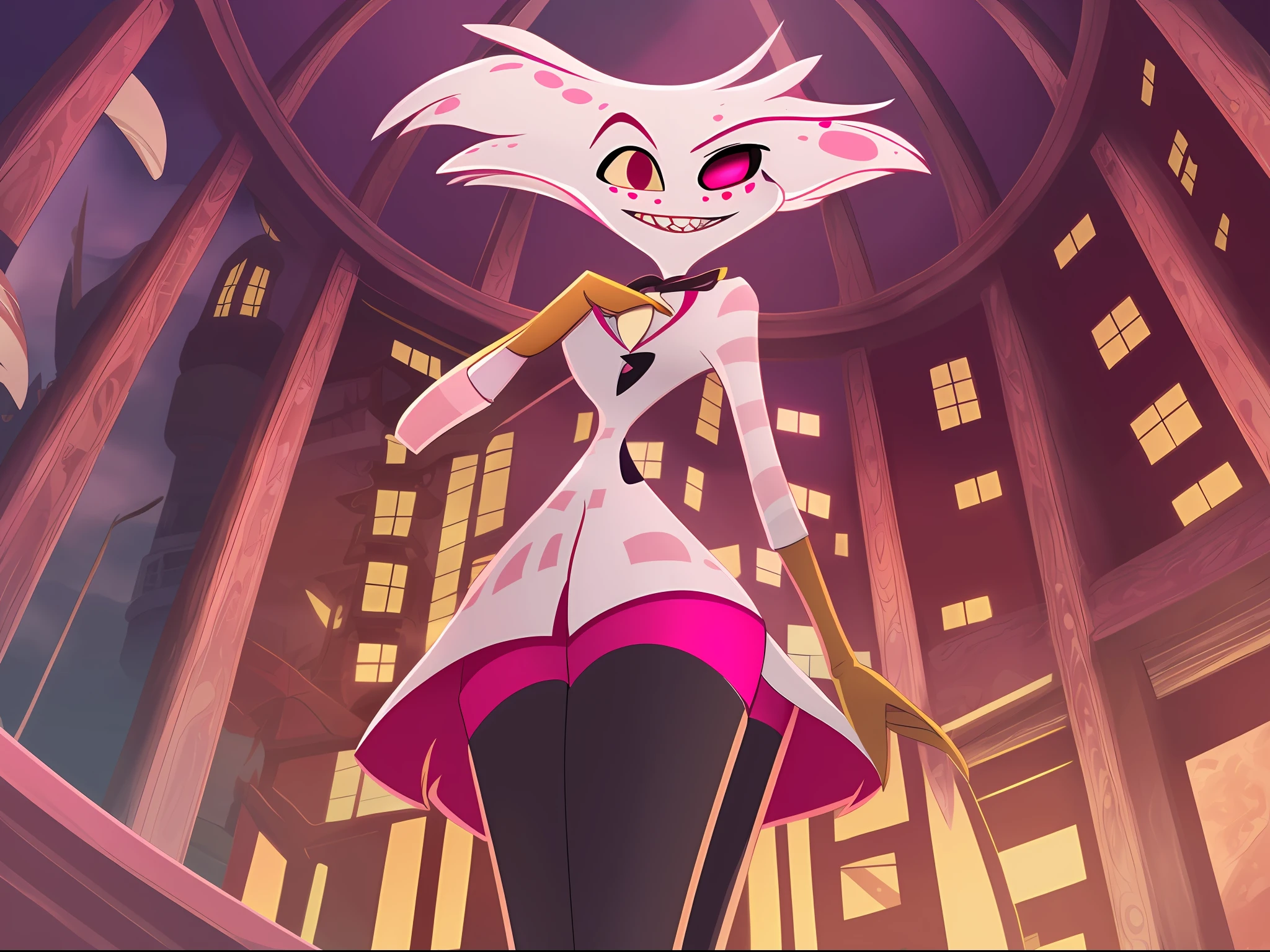 Anthro, wearing white suit, wearing pink gloves, wearing thigh high boots, white fur, hi res, high resolution, (((angel dust hazbin hotel))), low angle, masterpiece, art