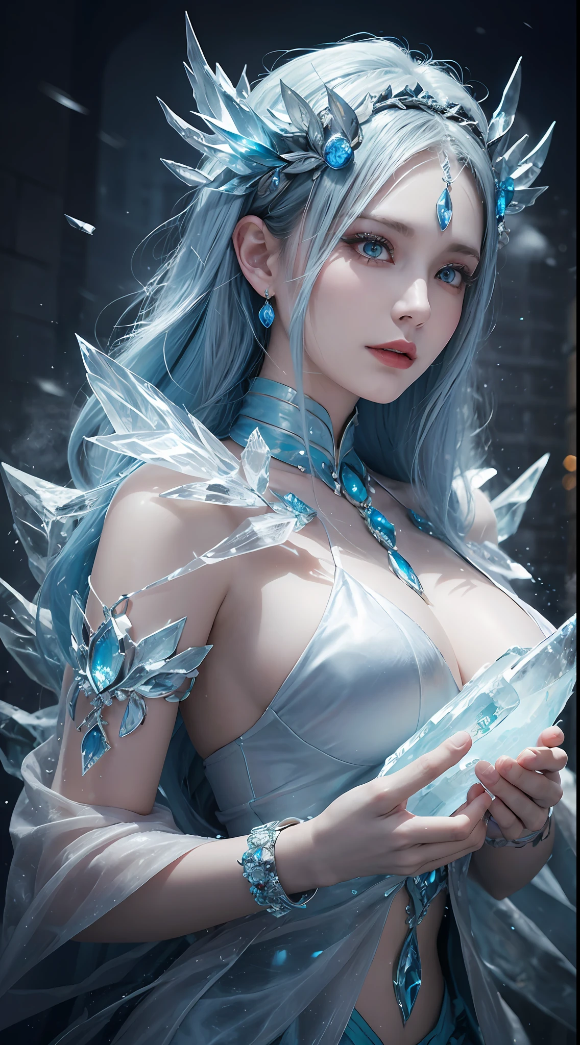 a beautiful ice goddess, ice witch, pure ice elemental spirit, intricate design and details, chilling, cold, blizzard storm, whole body on chilling mist, conjuring ice spell, casting ice spell, realistic ice effect, ice particles, dark fantasy art style, ruined city, dramatic lighting, cinematic
